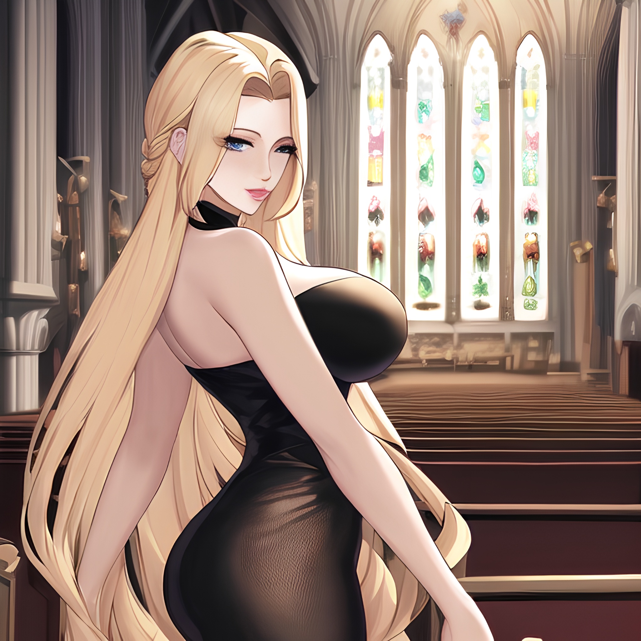 nude fishnet woman small boobs church front view blonde long hair 
