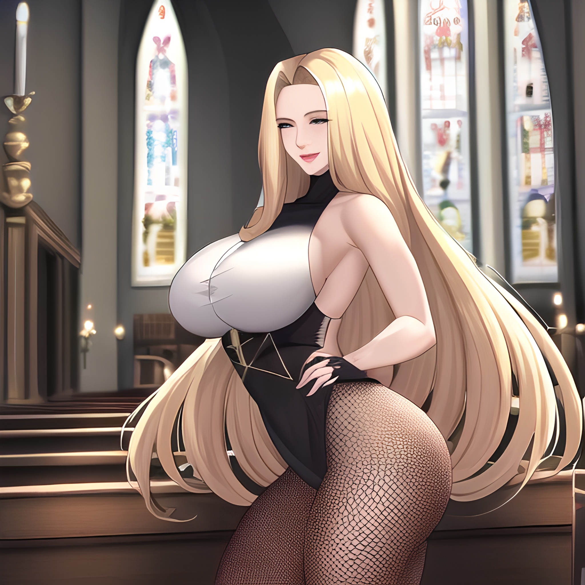 nude front view blonde small boobs woman church fishnet long hair 