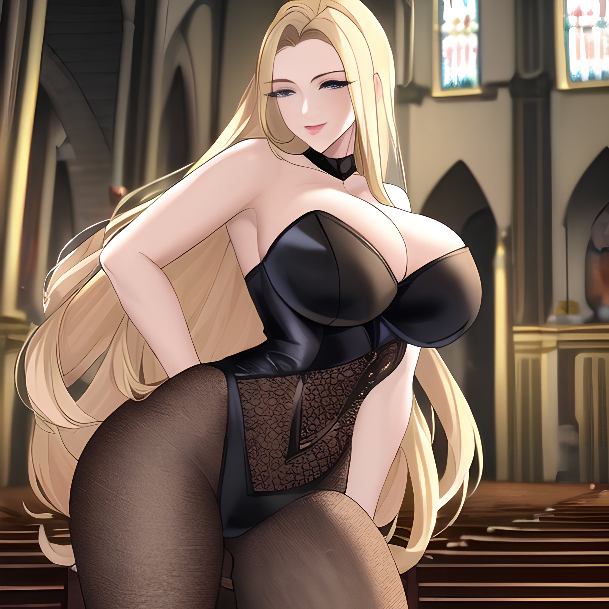 nude front view church fishnet blonde woman long hair small boobs 