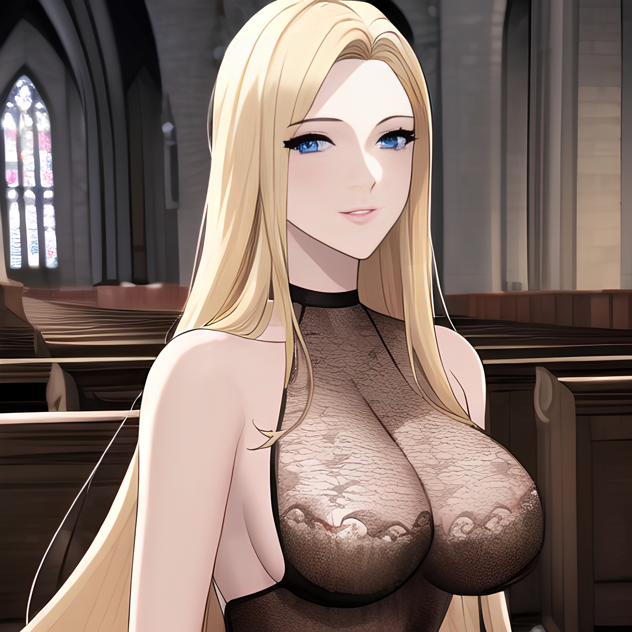 nude front view small boobs long hair fishnet church woman blonde 