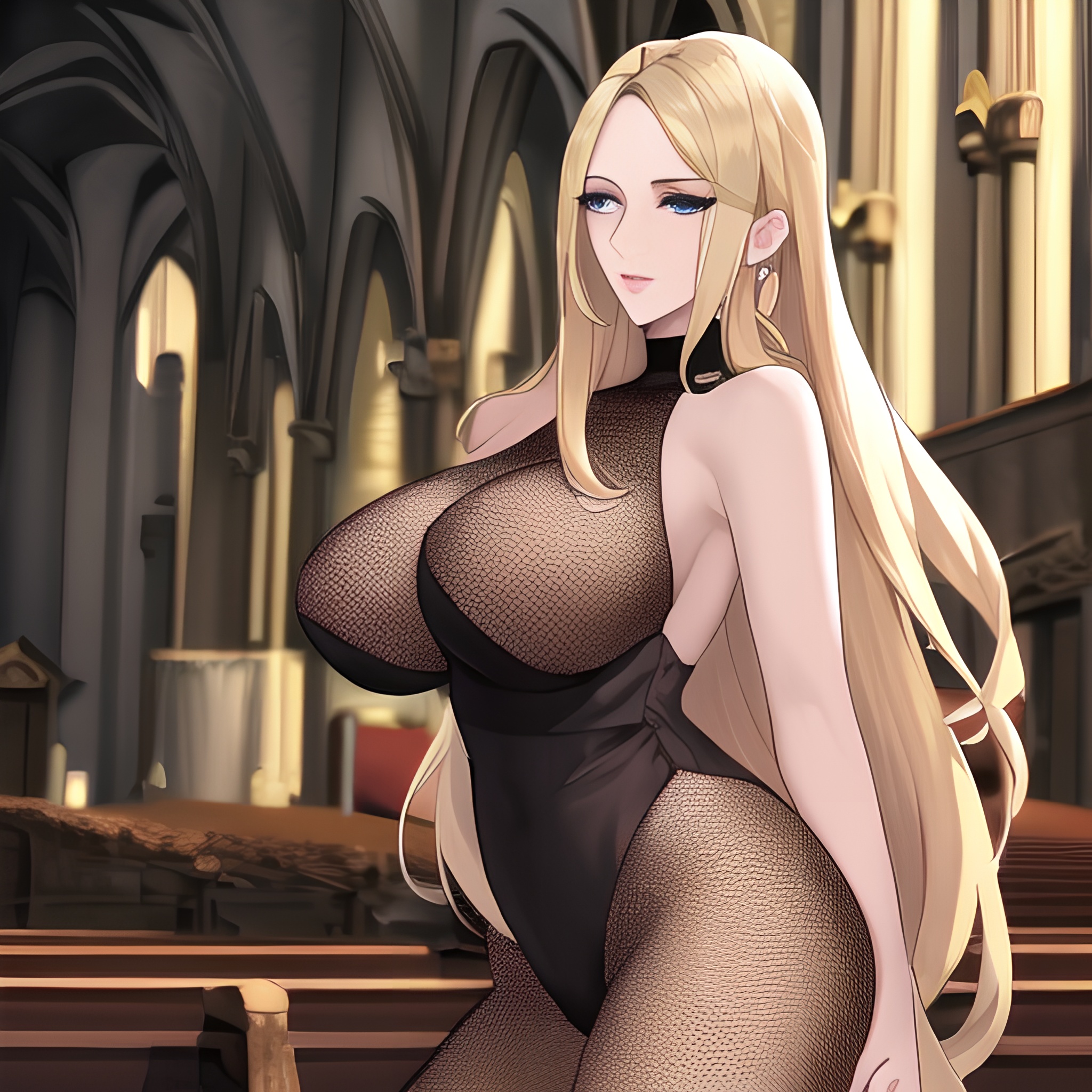 nude front view woman church small boobs fishnet blonde long hair 