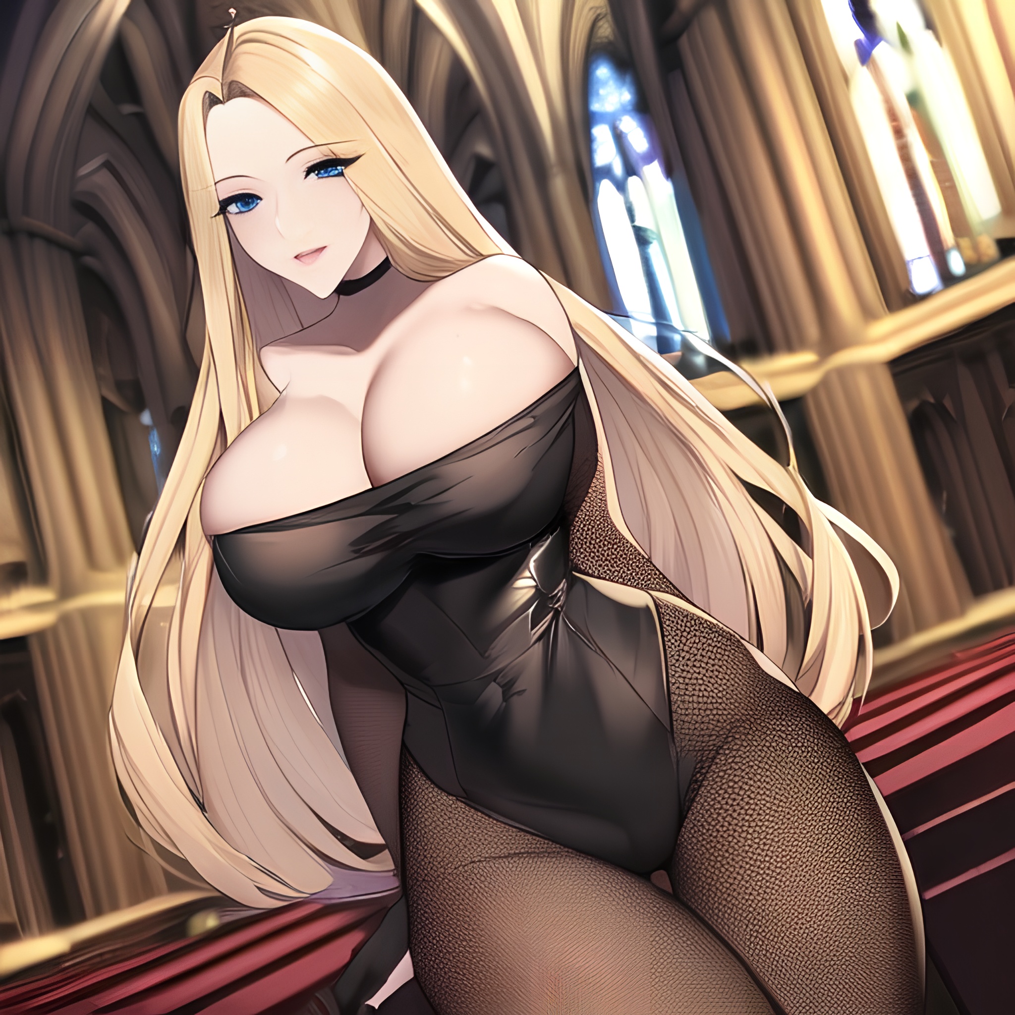 nude long hair blonde fishnet church small boobs front view woman 