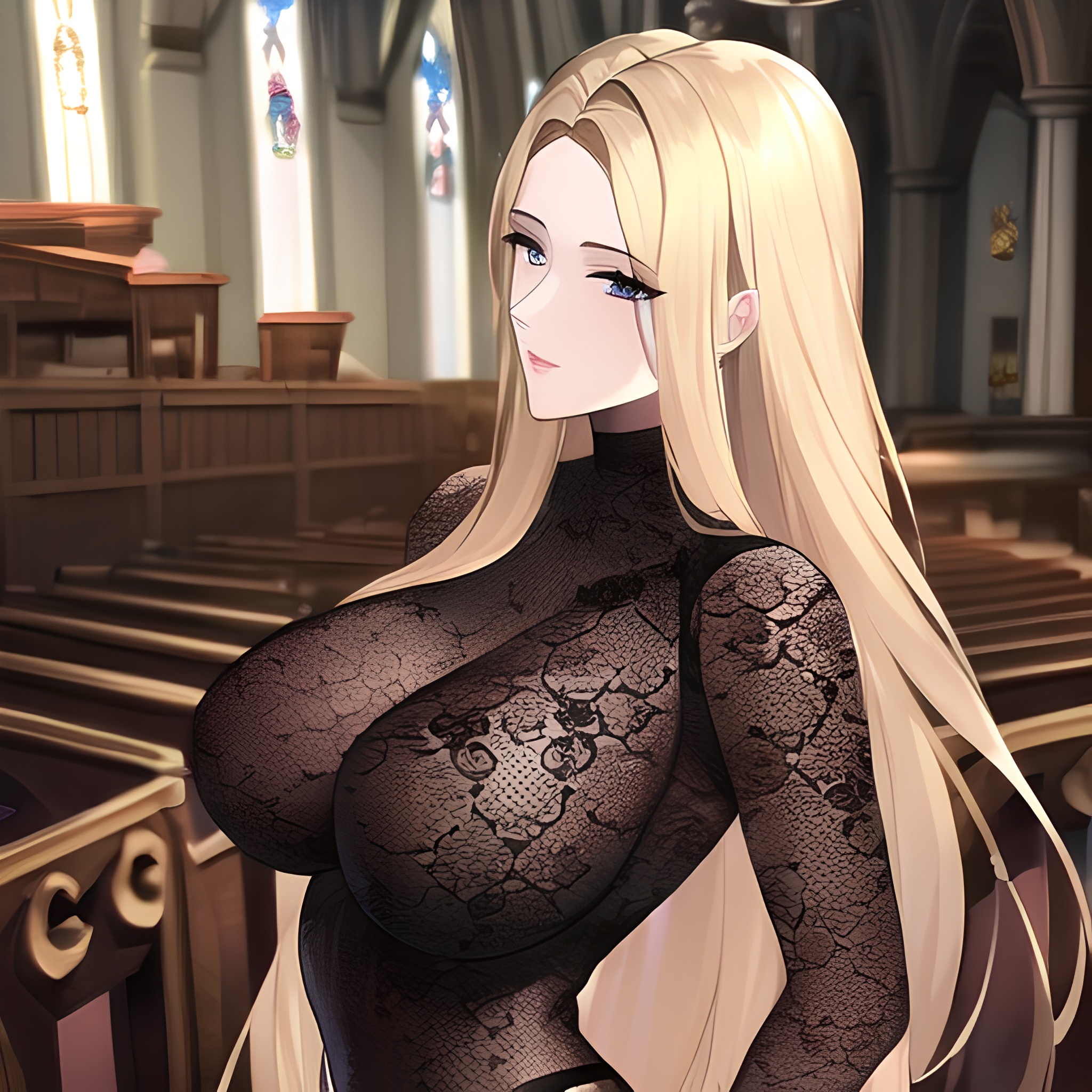 nude long hair blonde front view woman church small boobs fishnet 