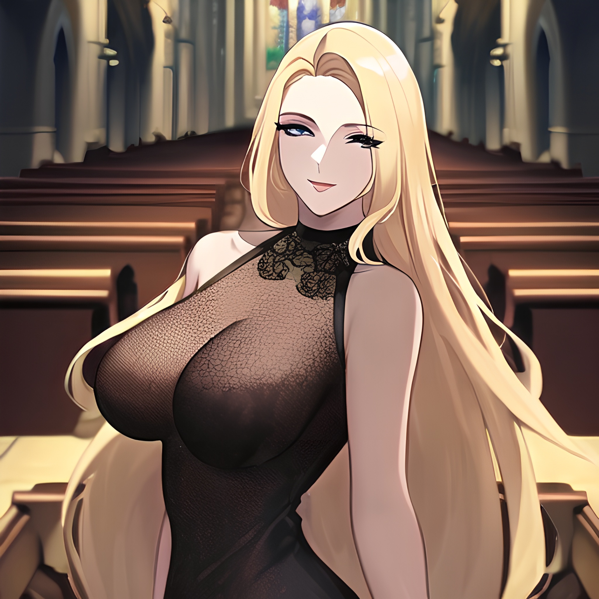 nude long hair church fishnet front view woman small boobs blonde 
