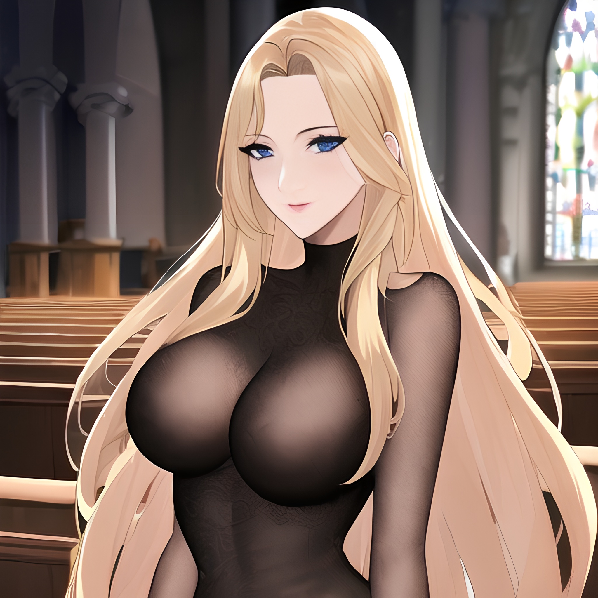 nude long hair church woman small boobs fishnet front view blonde 