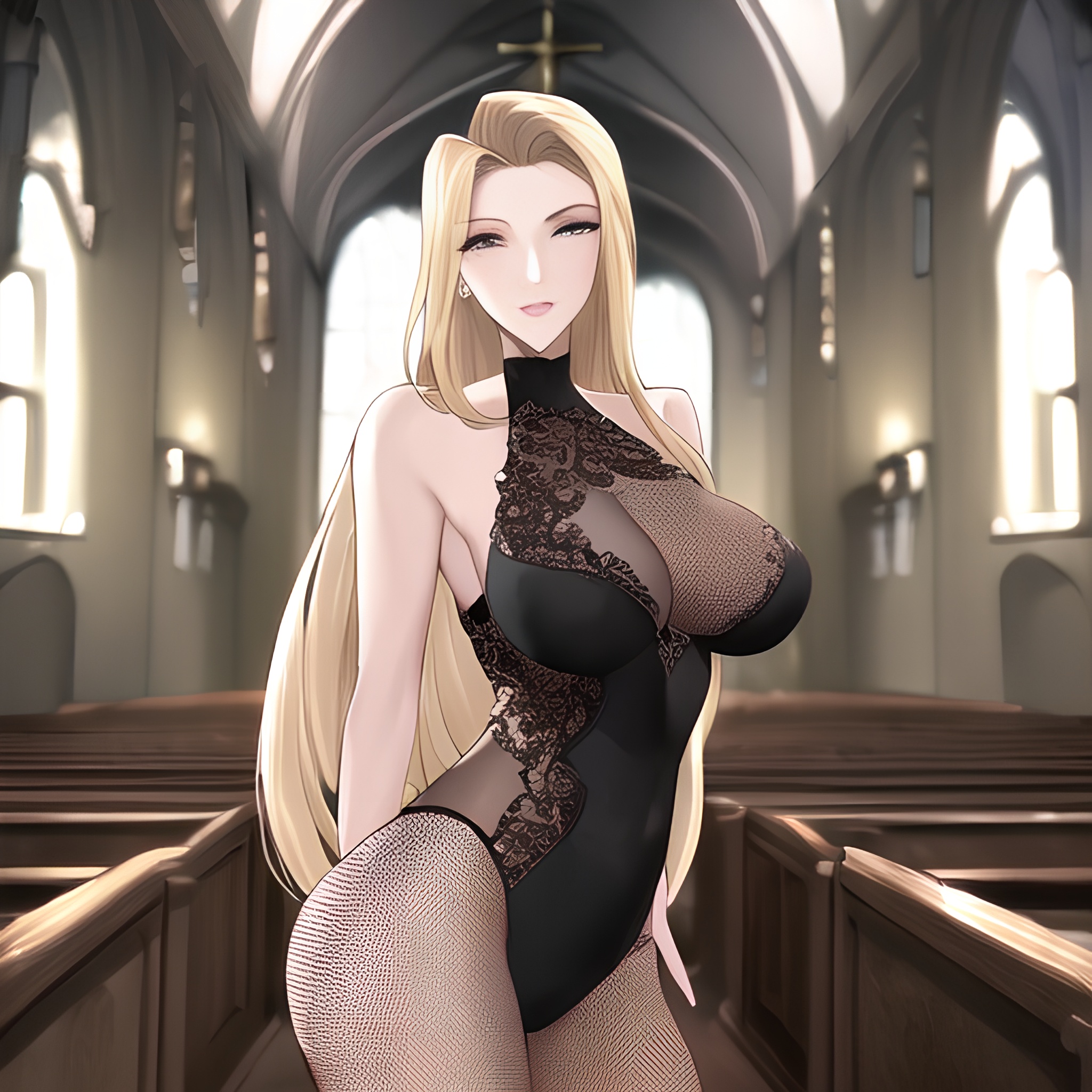 nude long hair fishnet small boobs front view woman church blonde