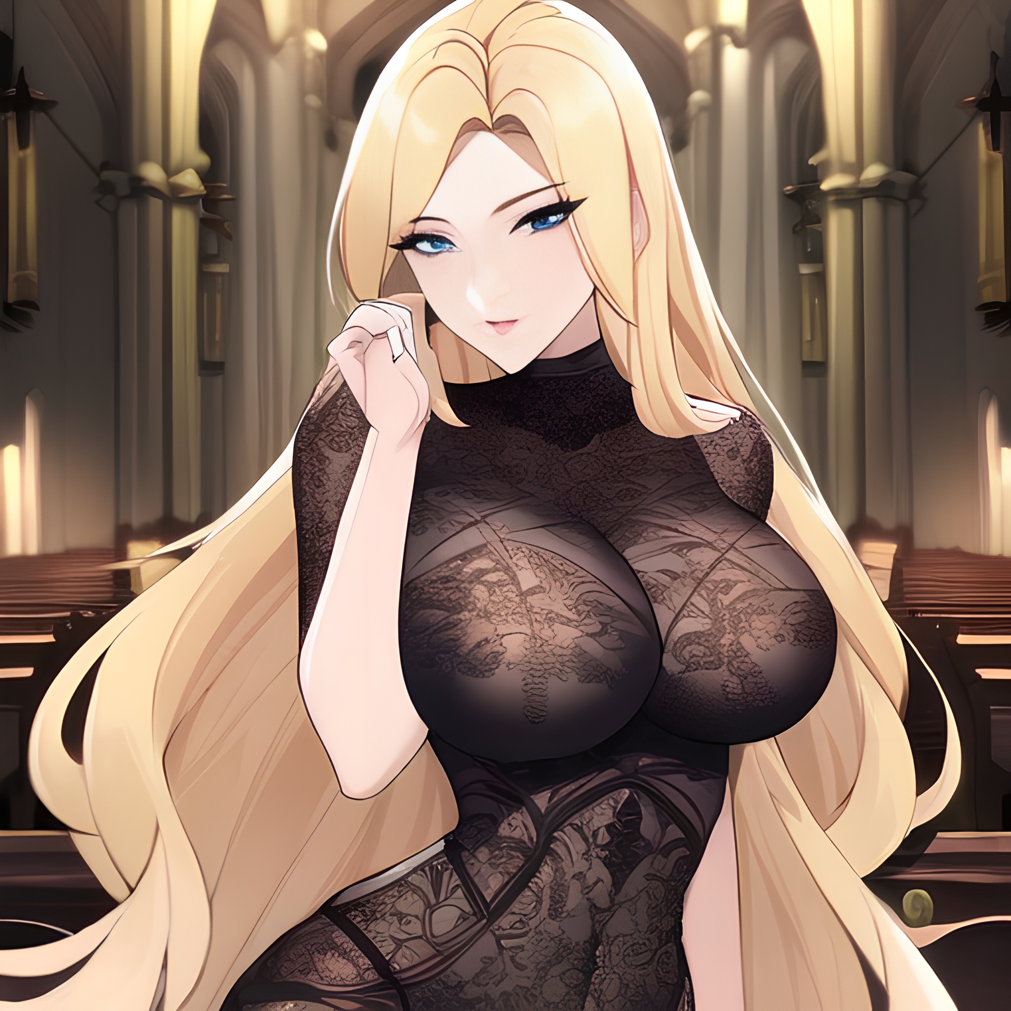 nude small boobs blonde front view church fishnet long hair woman