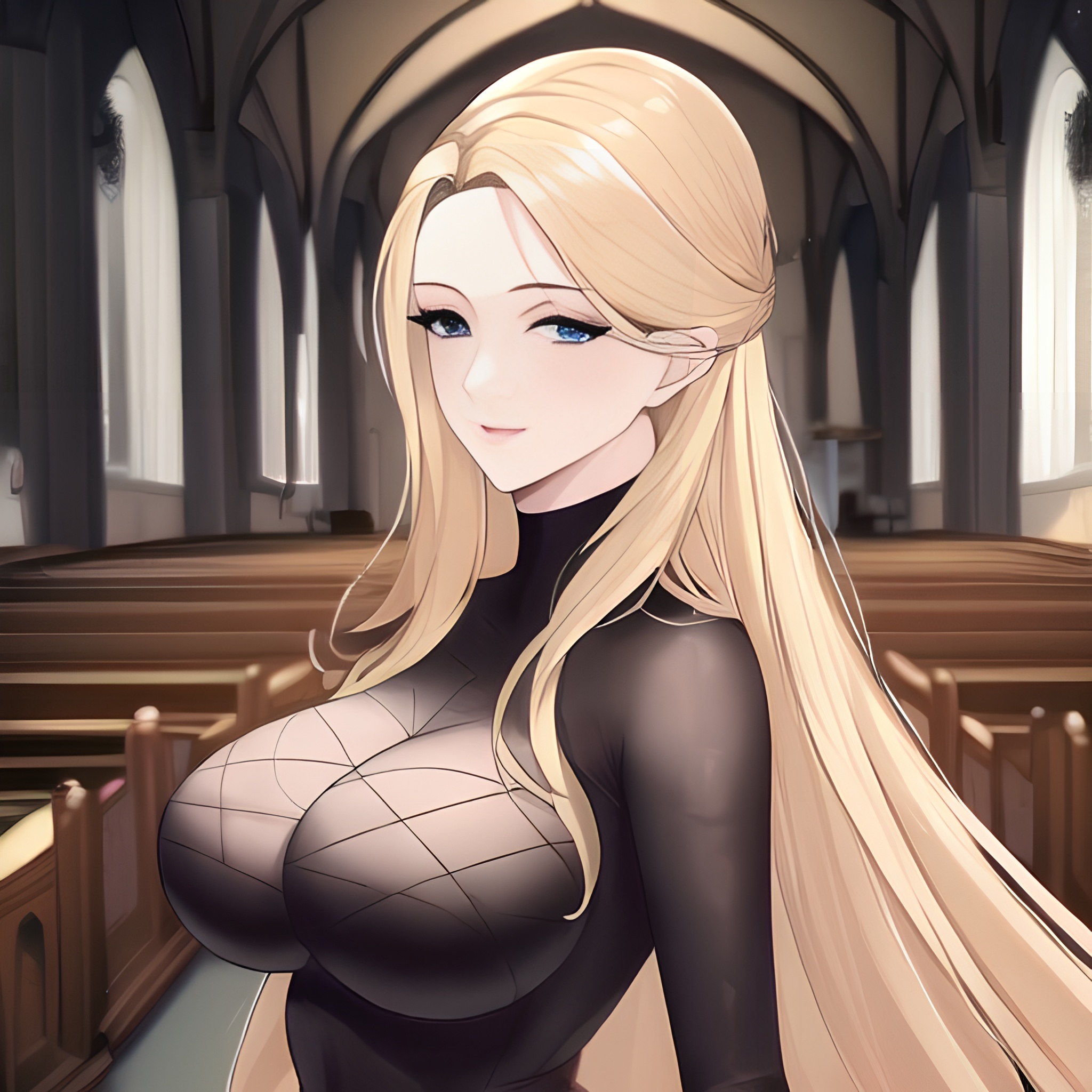 nude small boobs blonde long hair front view woman fishnet church 