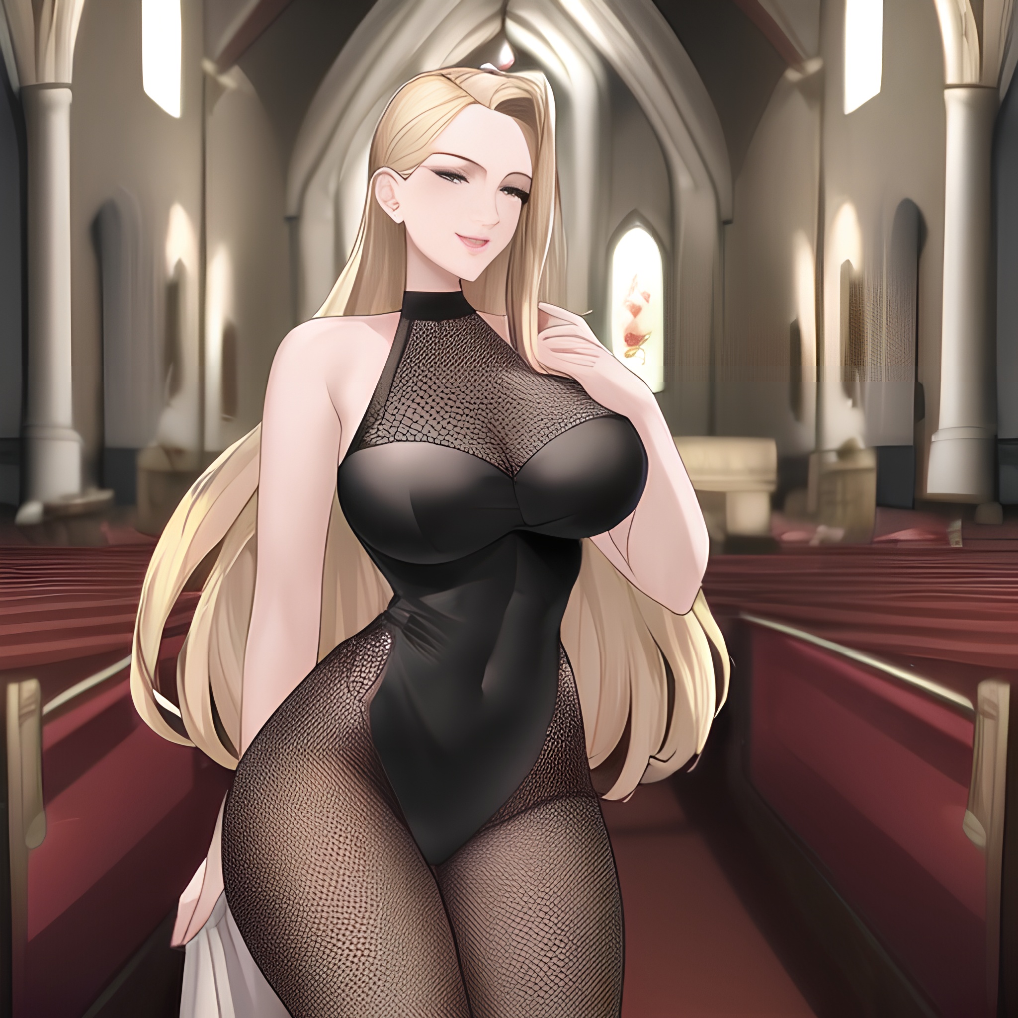 nude small boobs church woman long hair blonde front view fishnet 