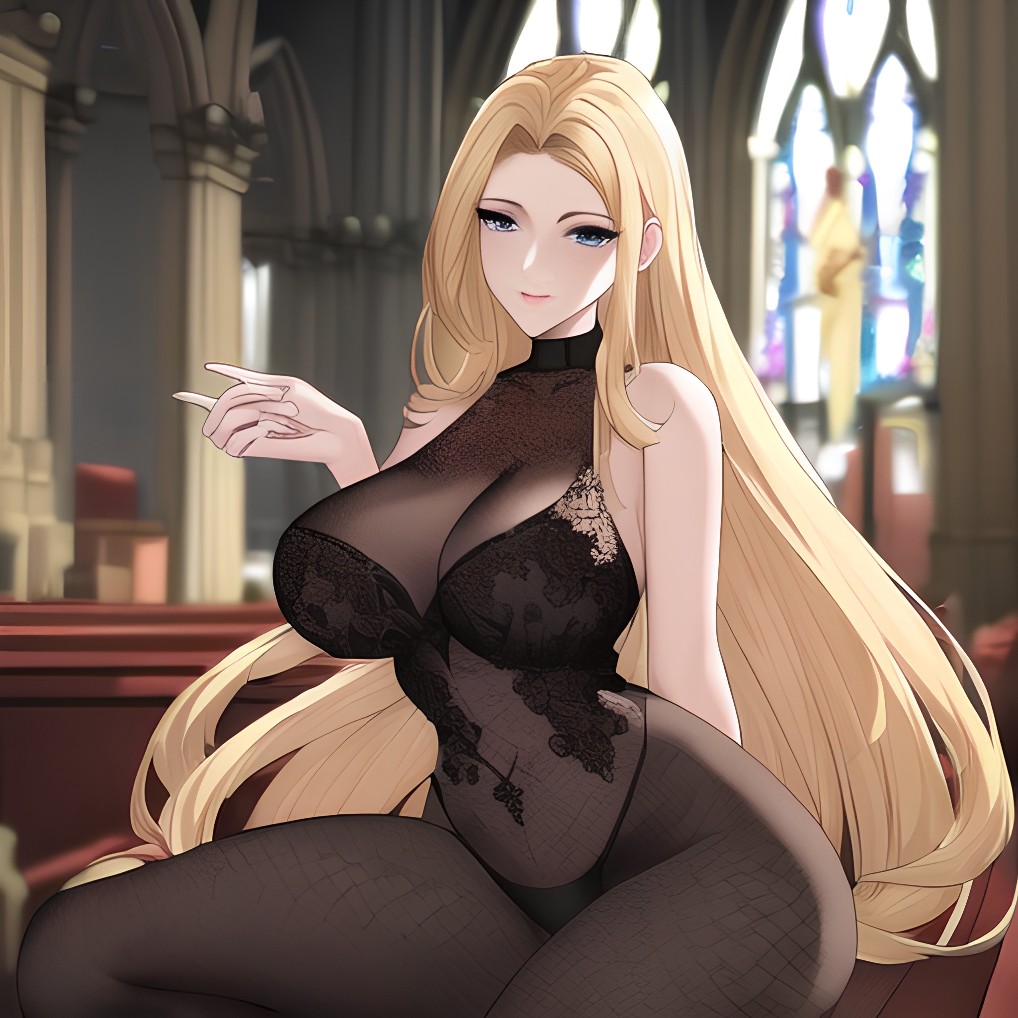 nude small boobs fishnet church blonde long hair woman front view