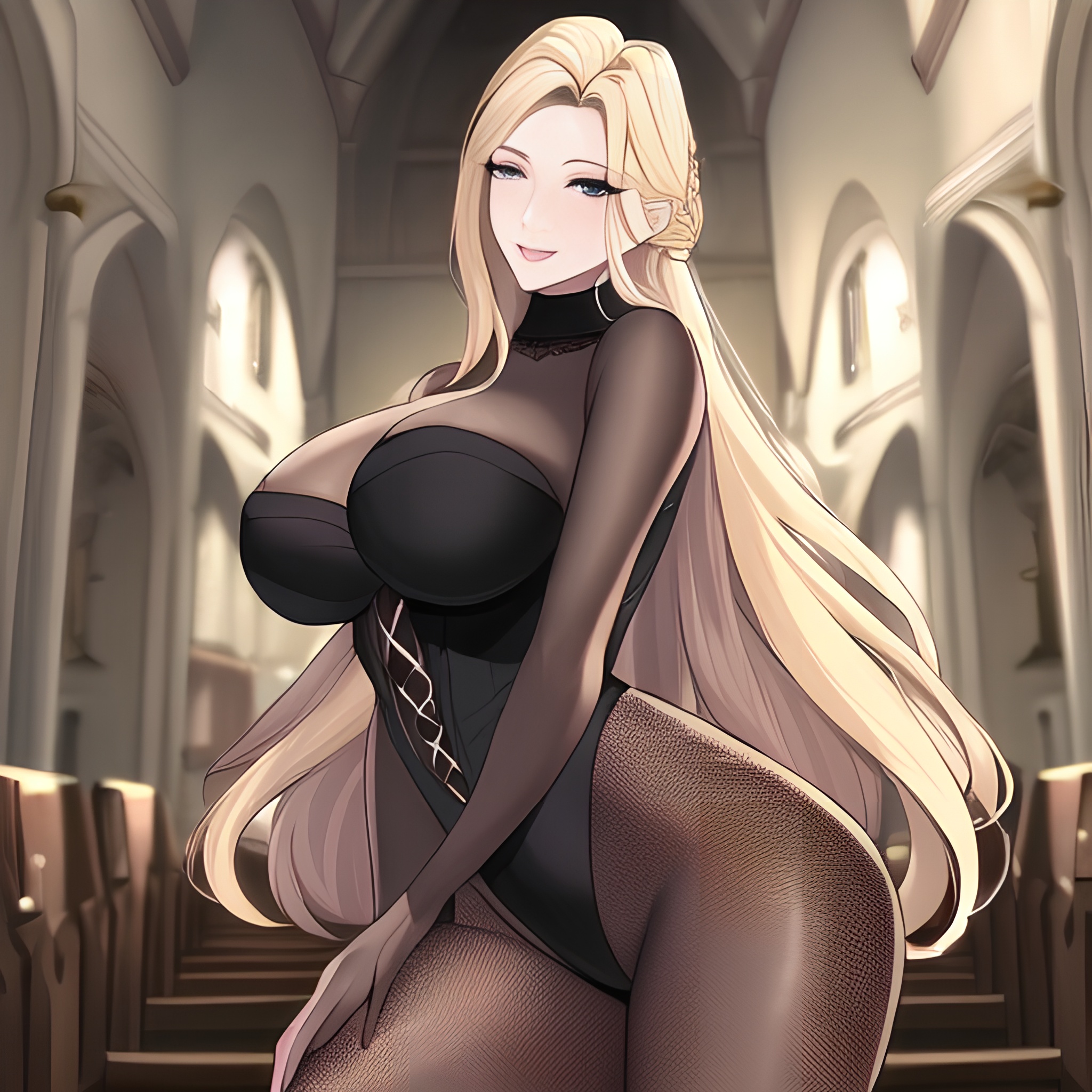 nude small boobs fishnet church blonde woman front view long hair