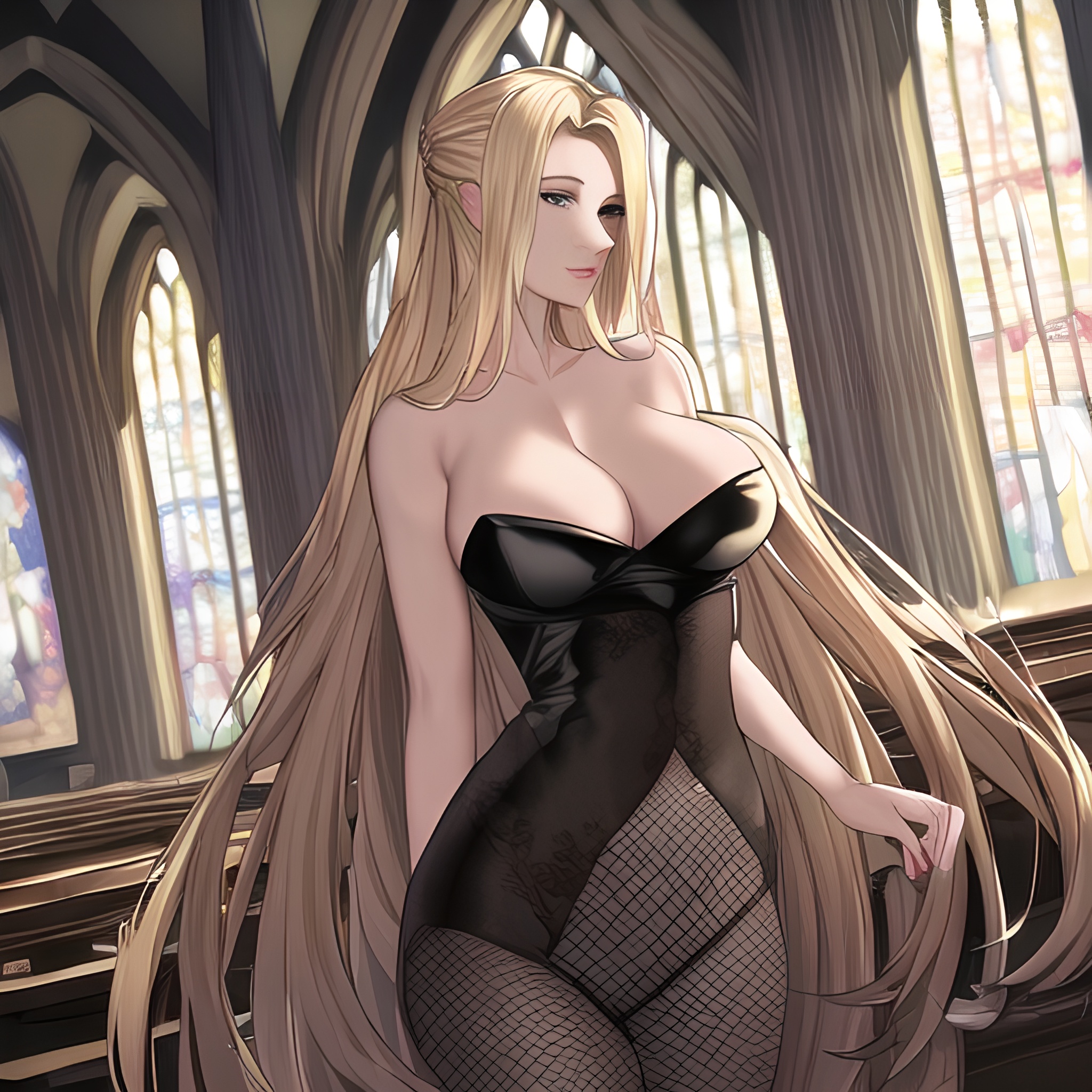 nude small boobs fishnet woman front view church blonde long hair 