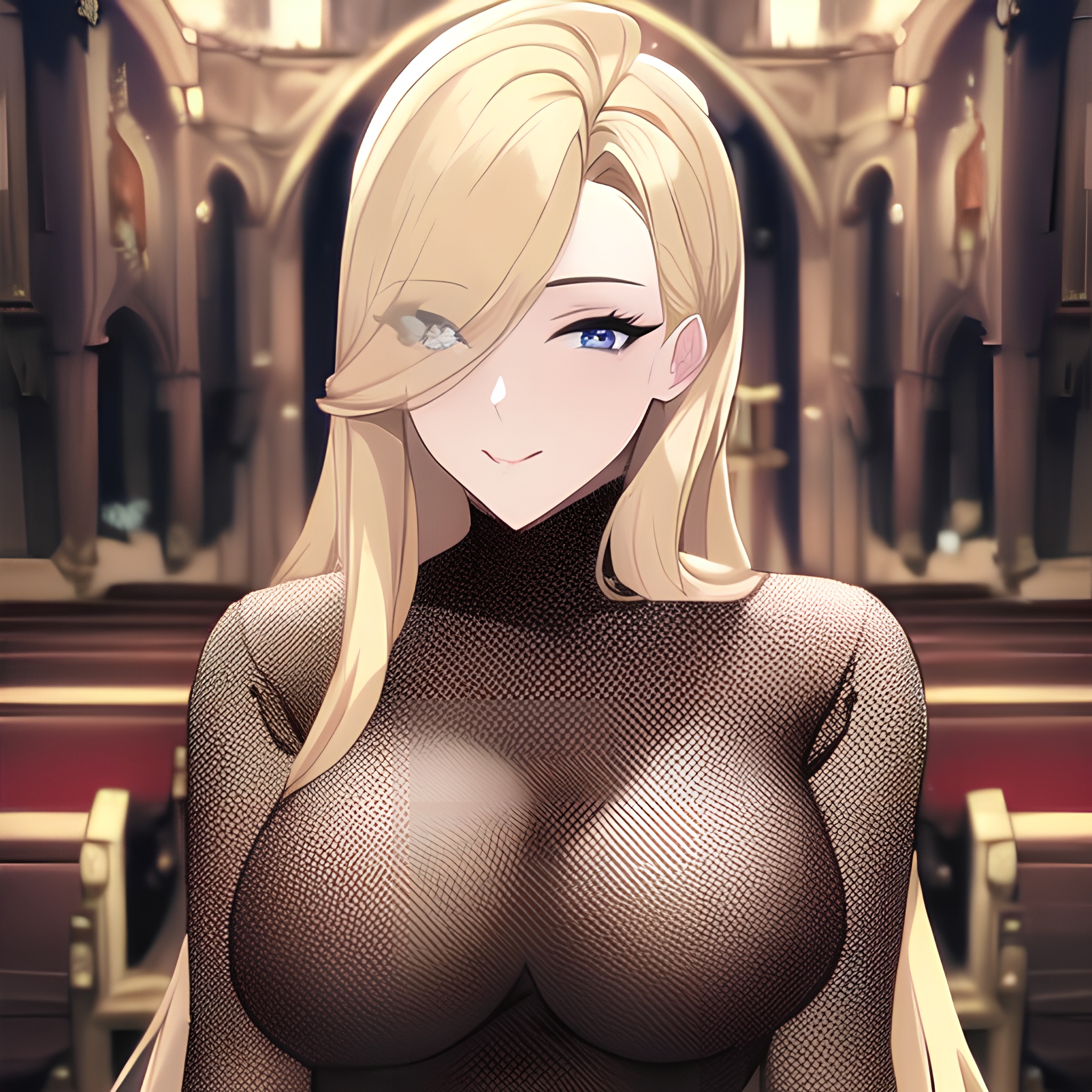 nude small boobs fishnet woman long hair church blonde front view 