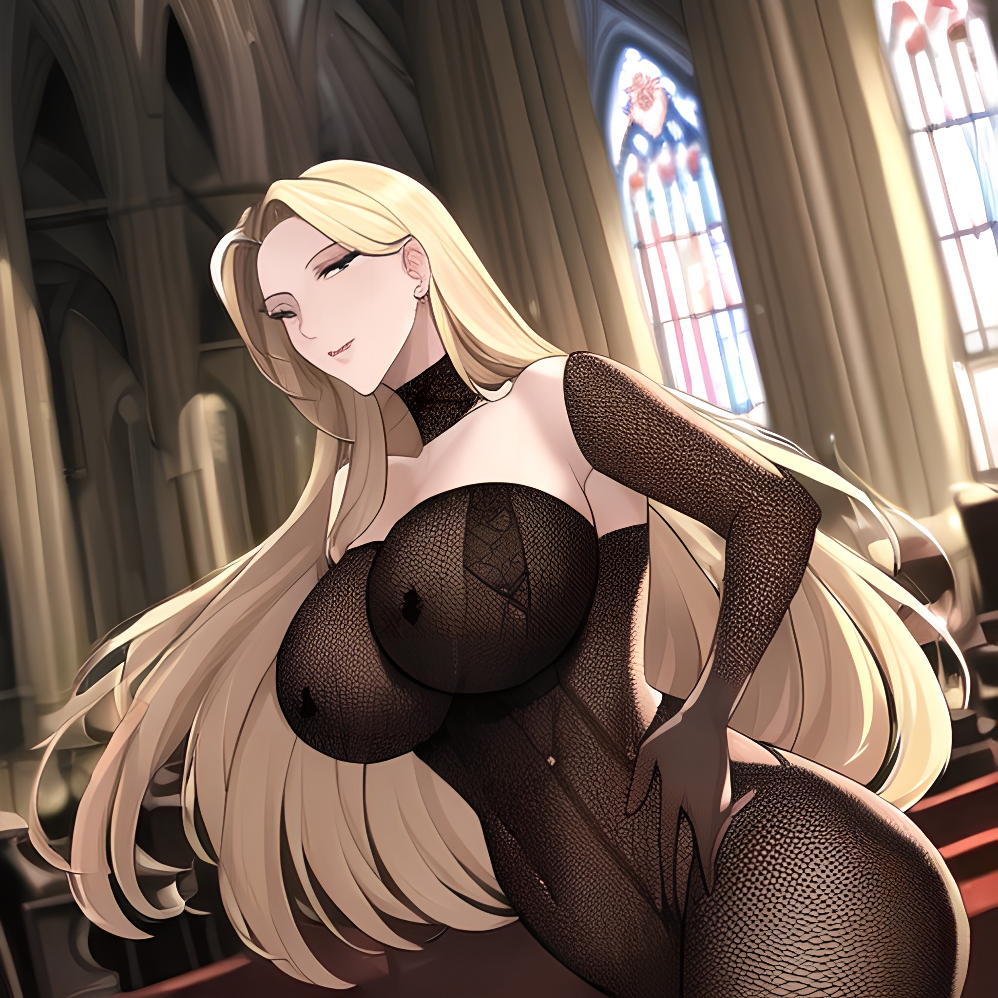 nude small boobs front view blonde fishnet church long hair woman 