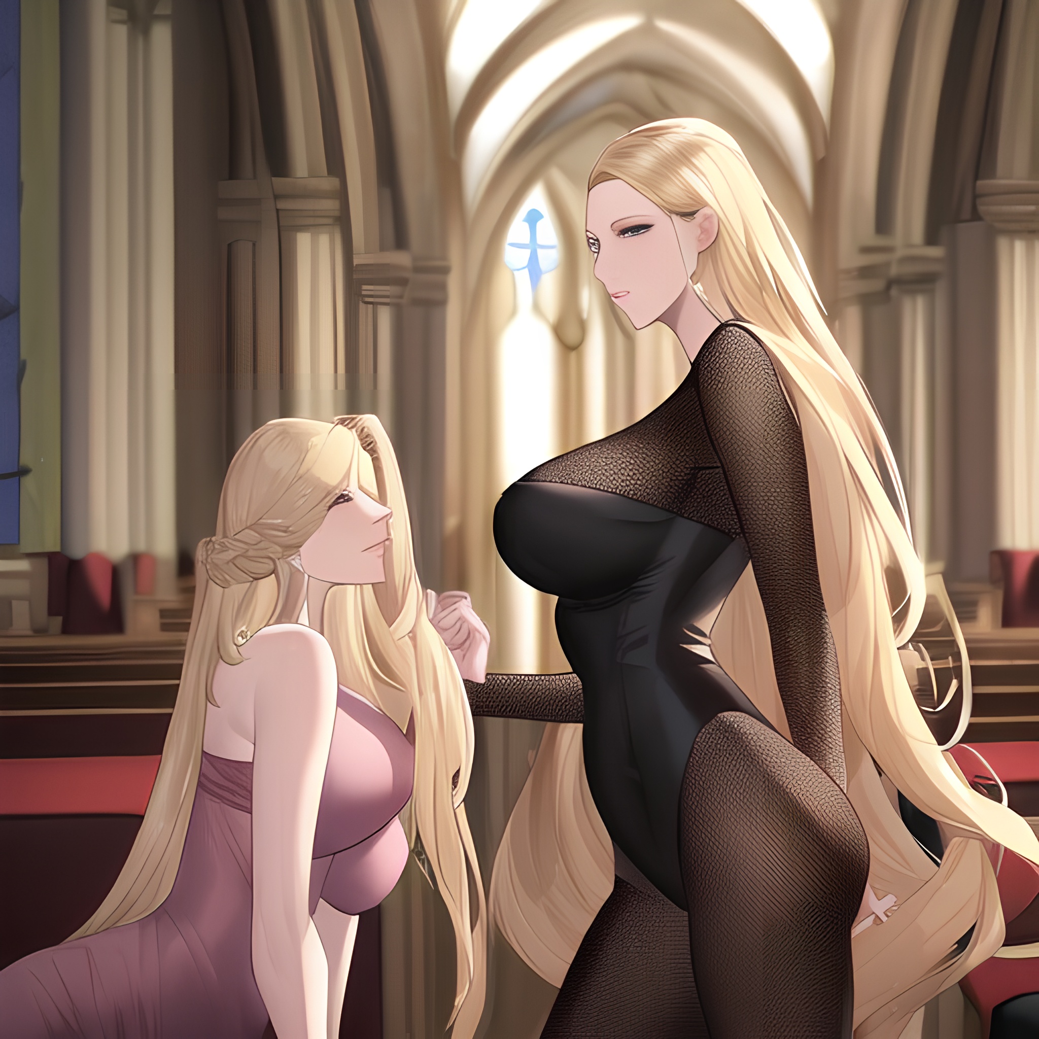 nude small boobs front view church fishnet woman blonde long hair 