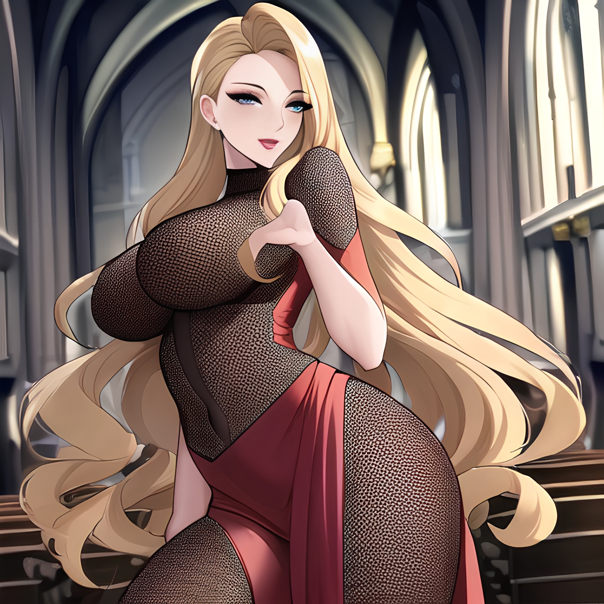 nude small boobs front view fishnet church long hair blonde woman 