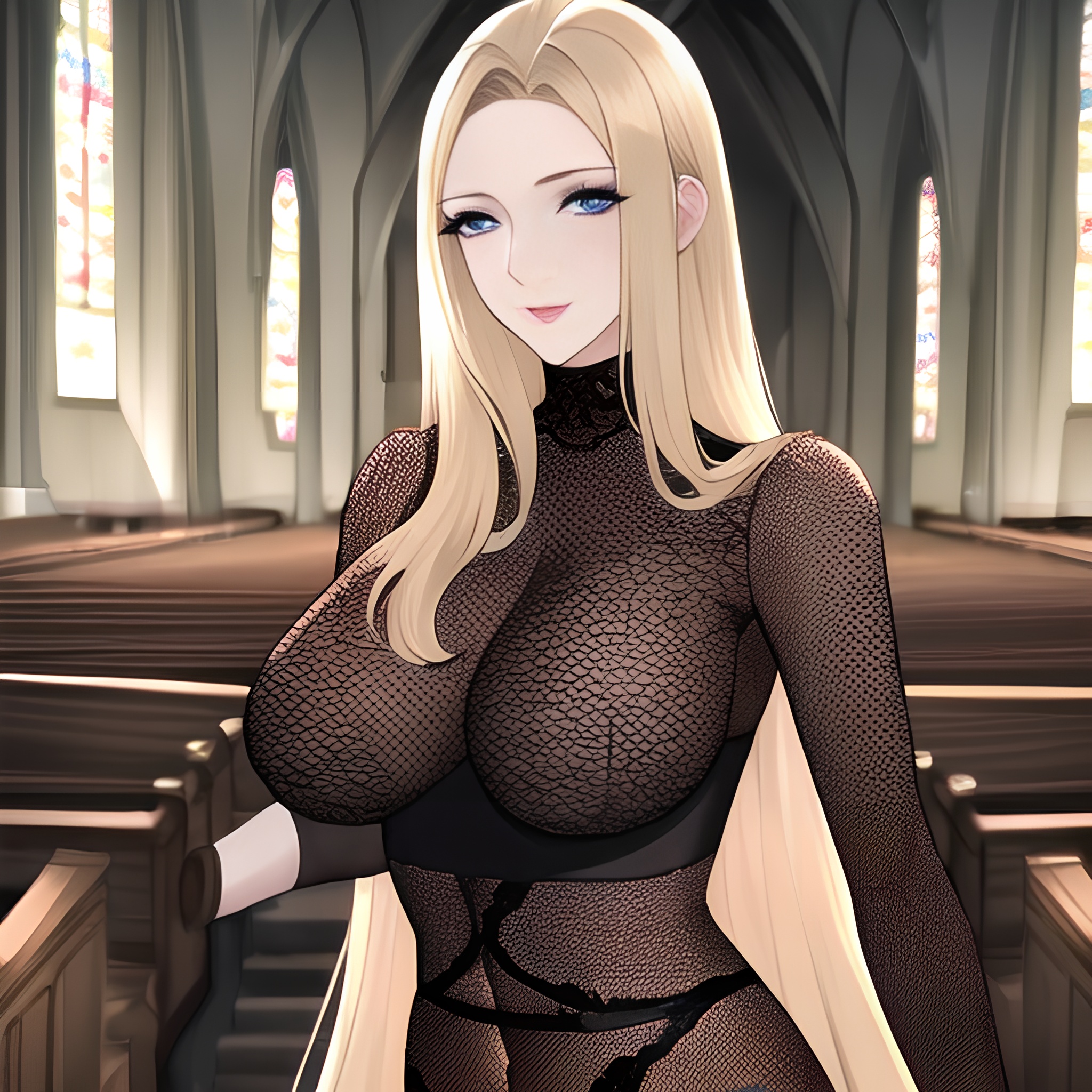 nude small boobs woman church fishnet long hair blonde front view