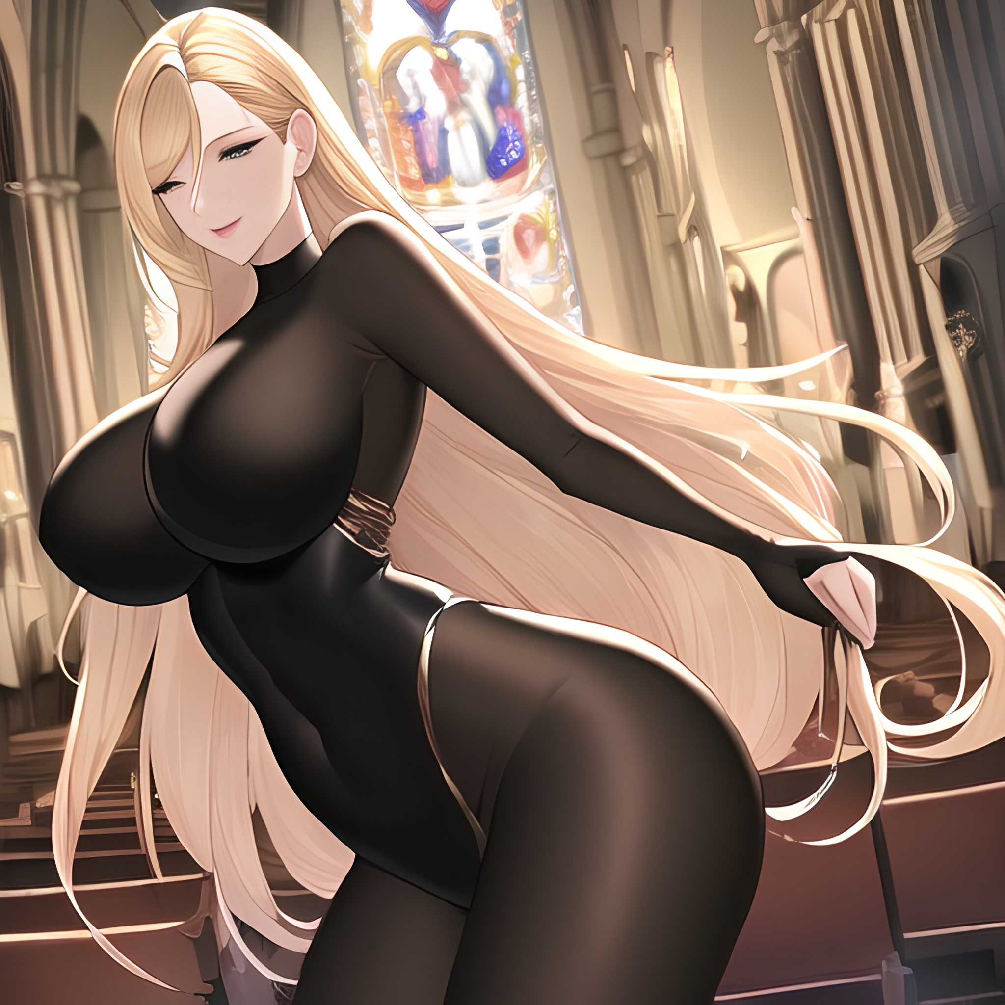nude woman church fishnet blonde front view small boobs long hair 