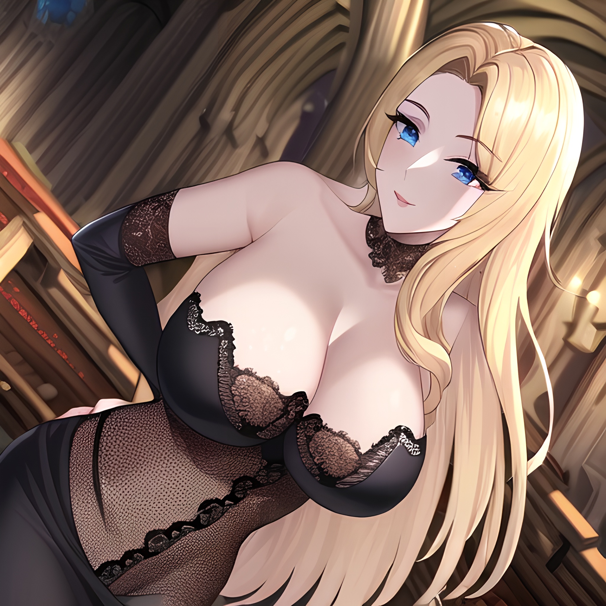 nude woman front view church blonde fishnet small boobs long hair 