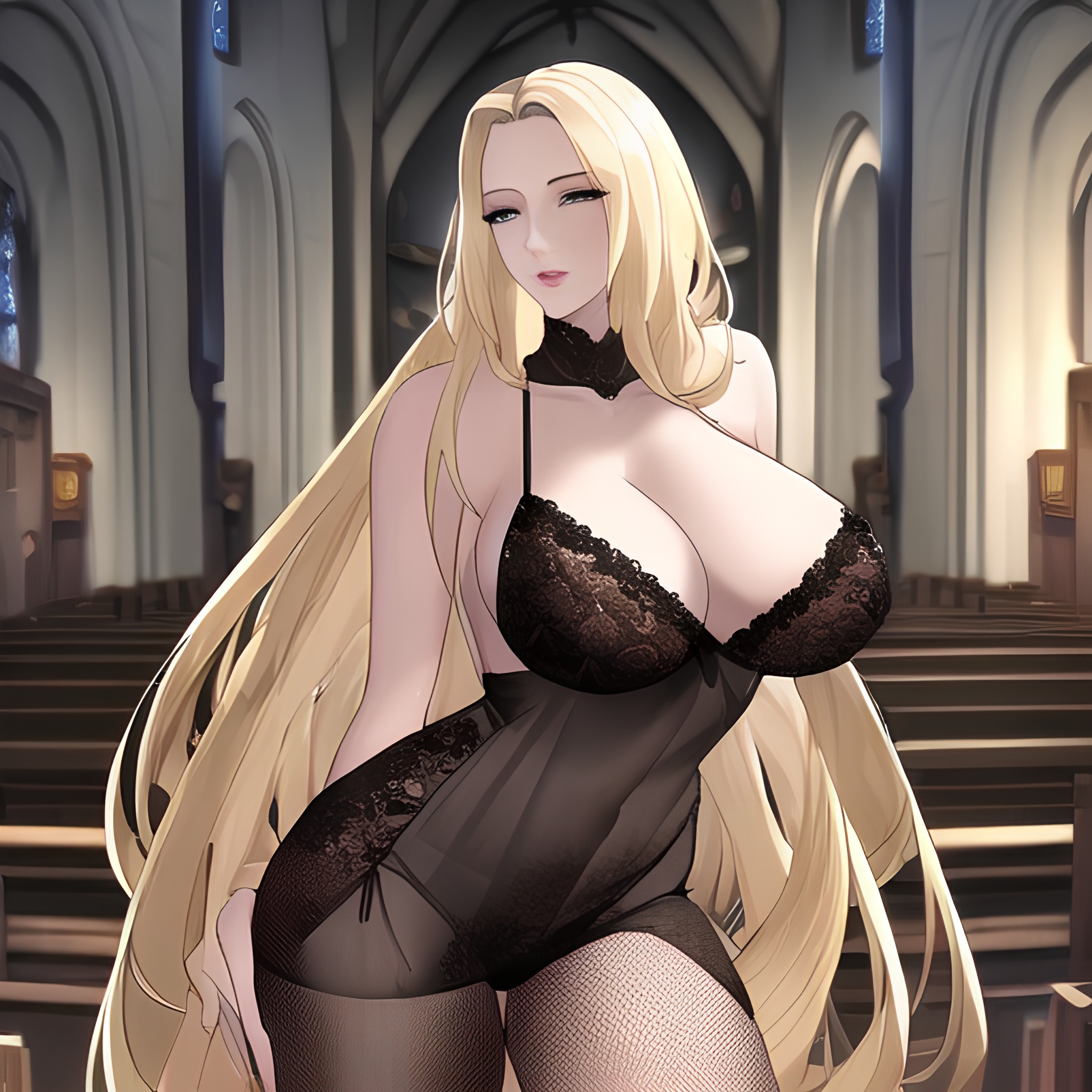 nude woman front view church small boobs blonde long hair fishnet 