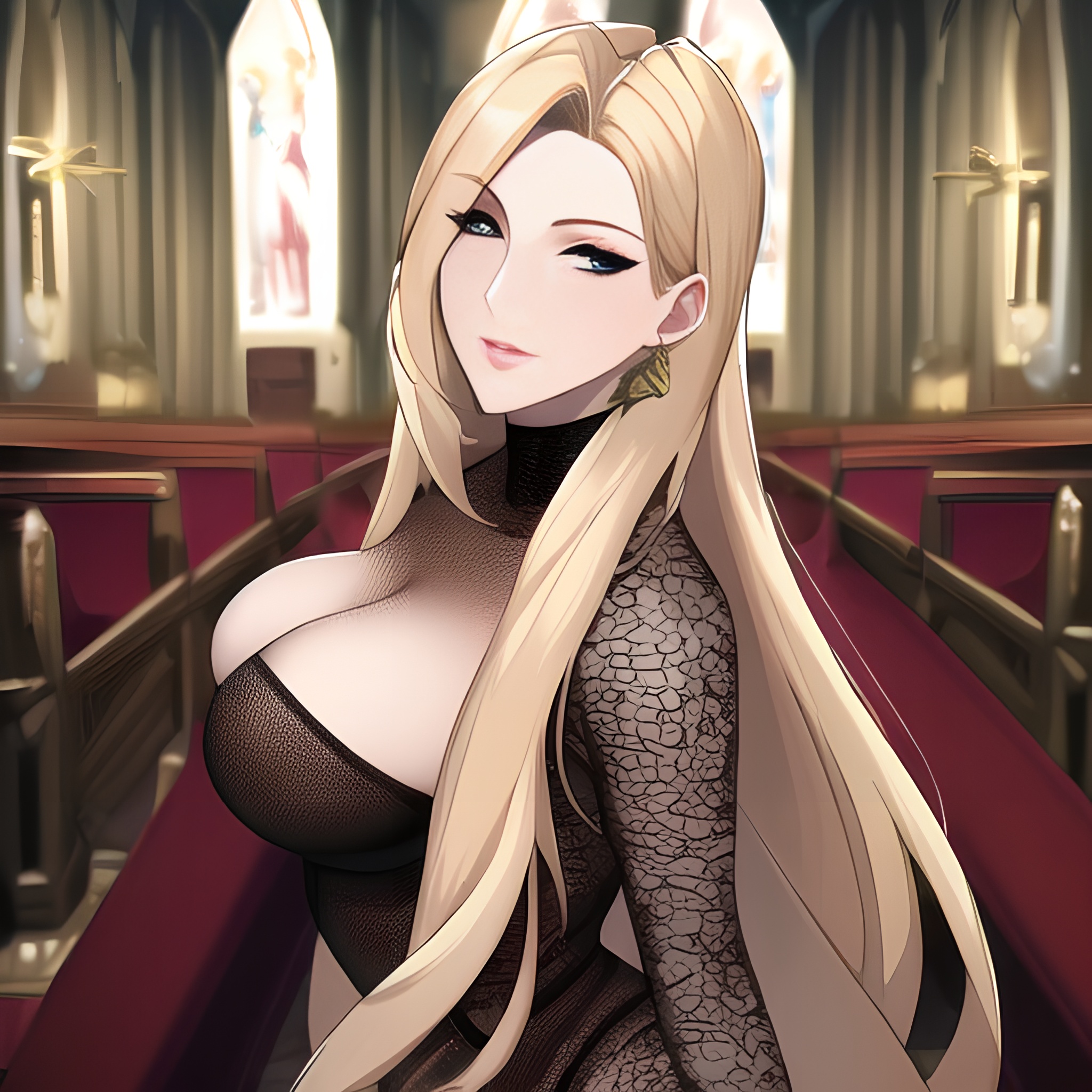 nude woman front view fishnet blonde church long hair small boobs 