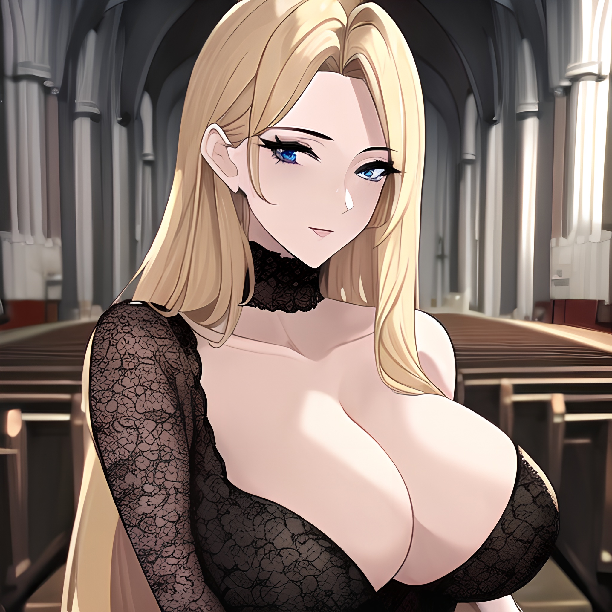 nude woman front view long hair small boobs blonde fishnet church 