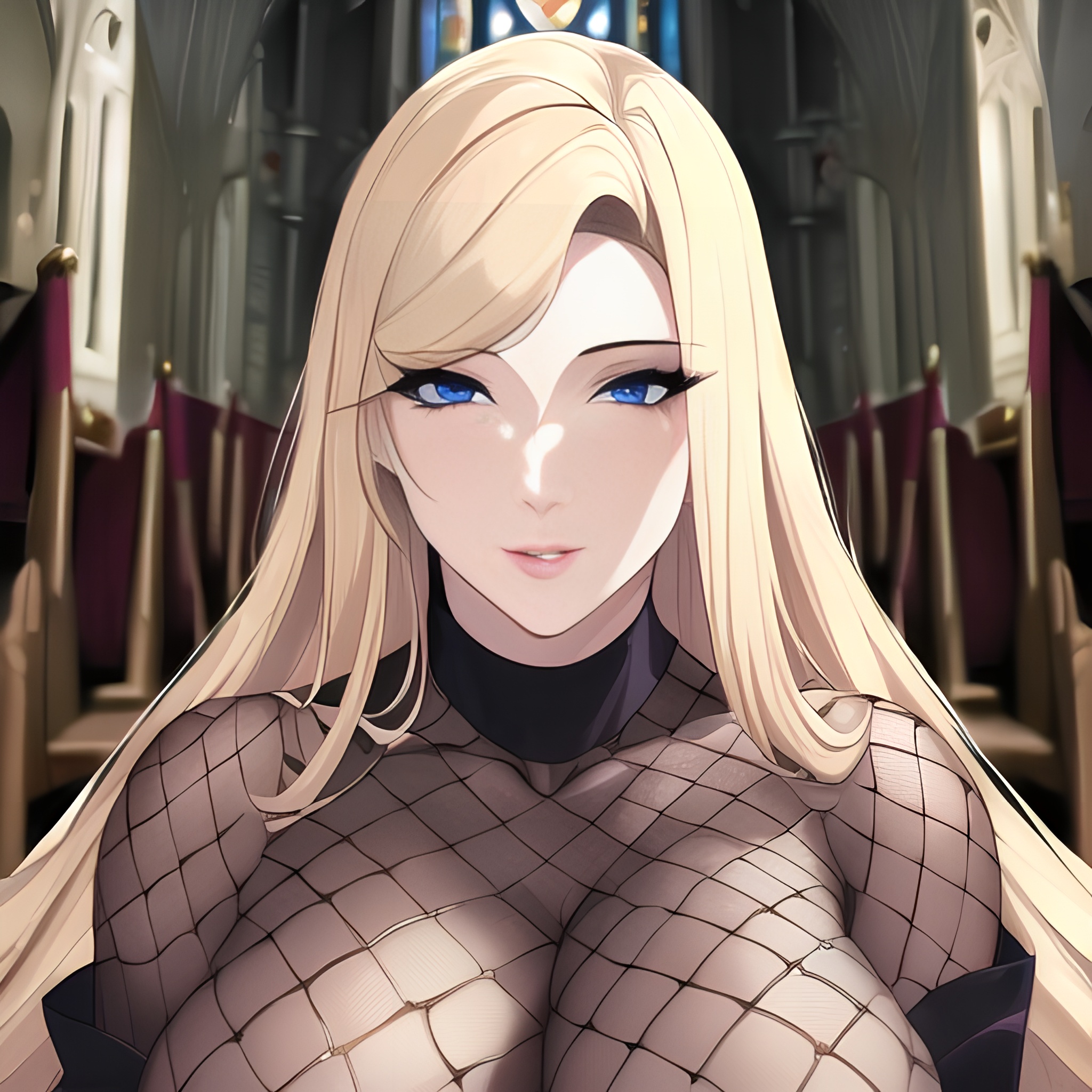 nude woman long hair church small boobs front view fishnet blonde 