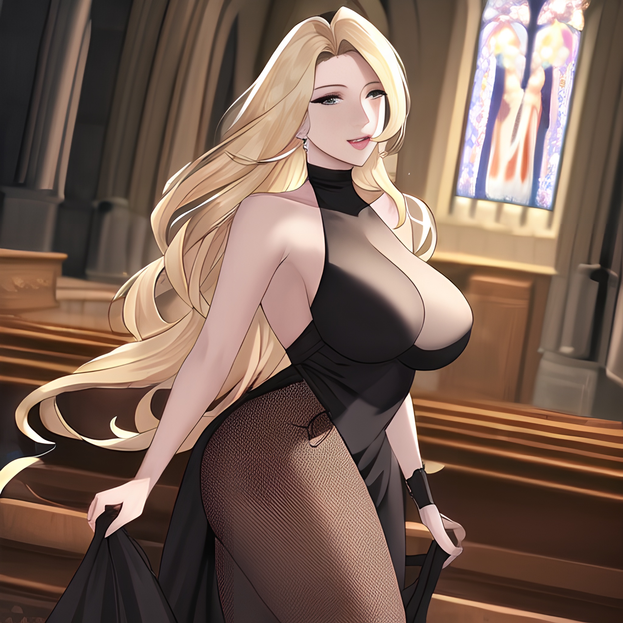 nude woman long hair front view blonde small boobs fishnet church 