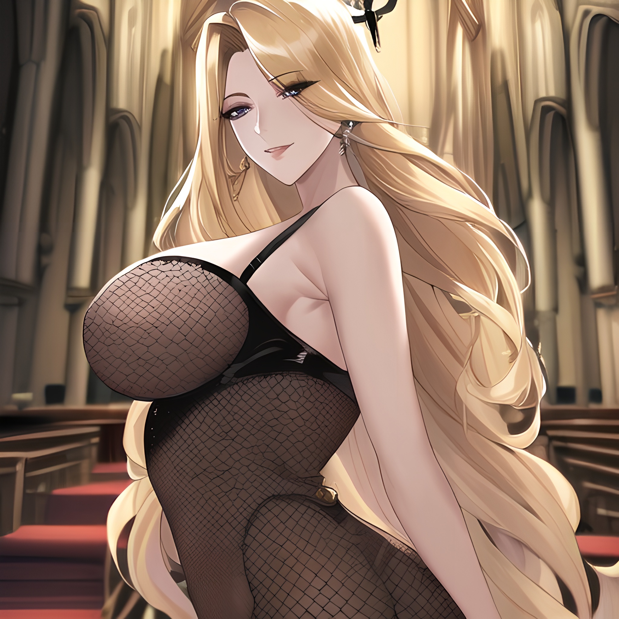 small boobs blonde church long hair woman nude fishnet front view 