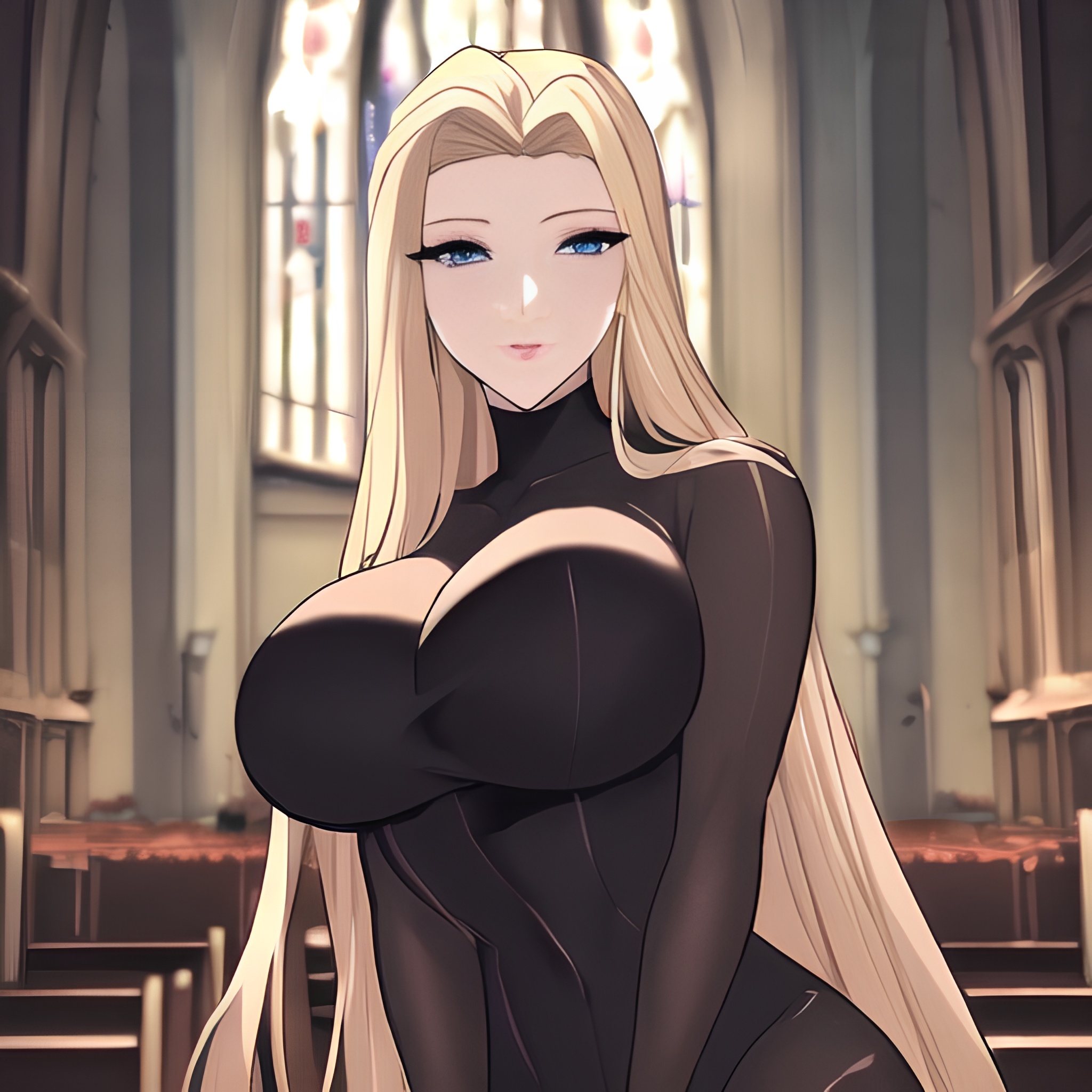 small boobs blonde fishnet woman nude church long hair front view 
