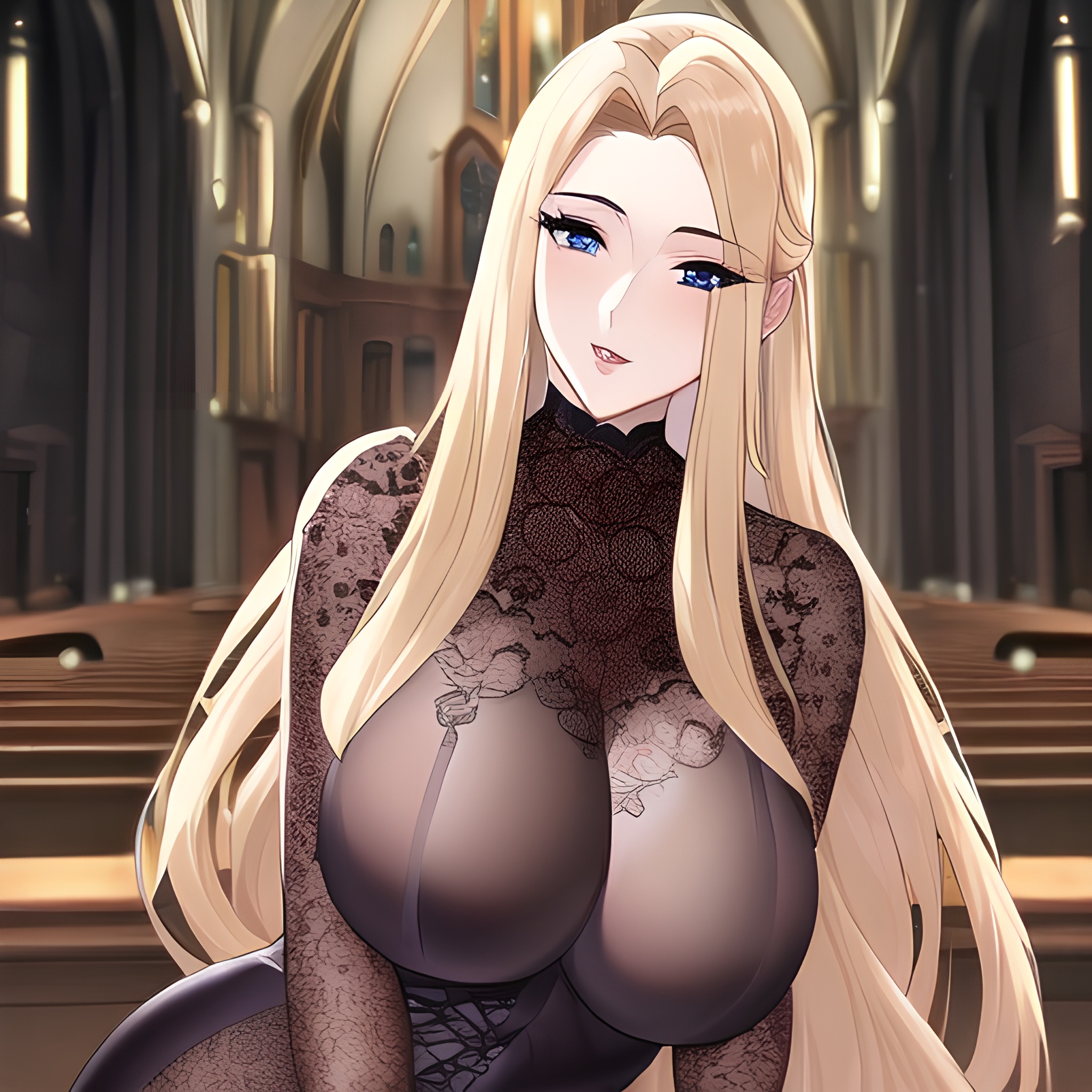 small boobs blonde long hair church nude fishnet front view woman 