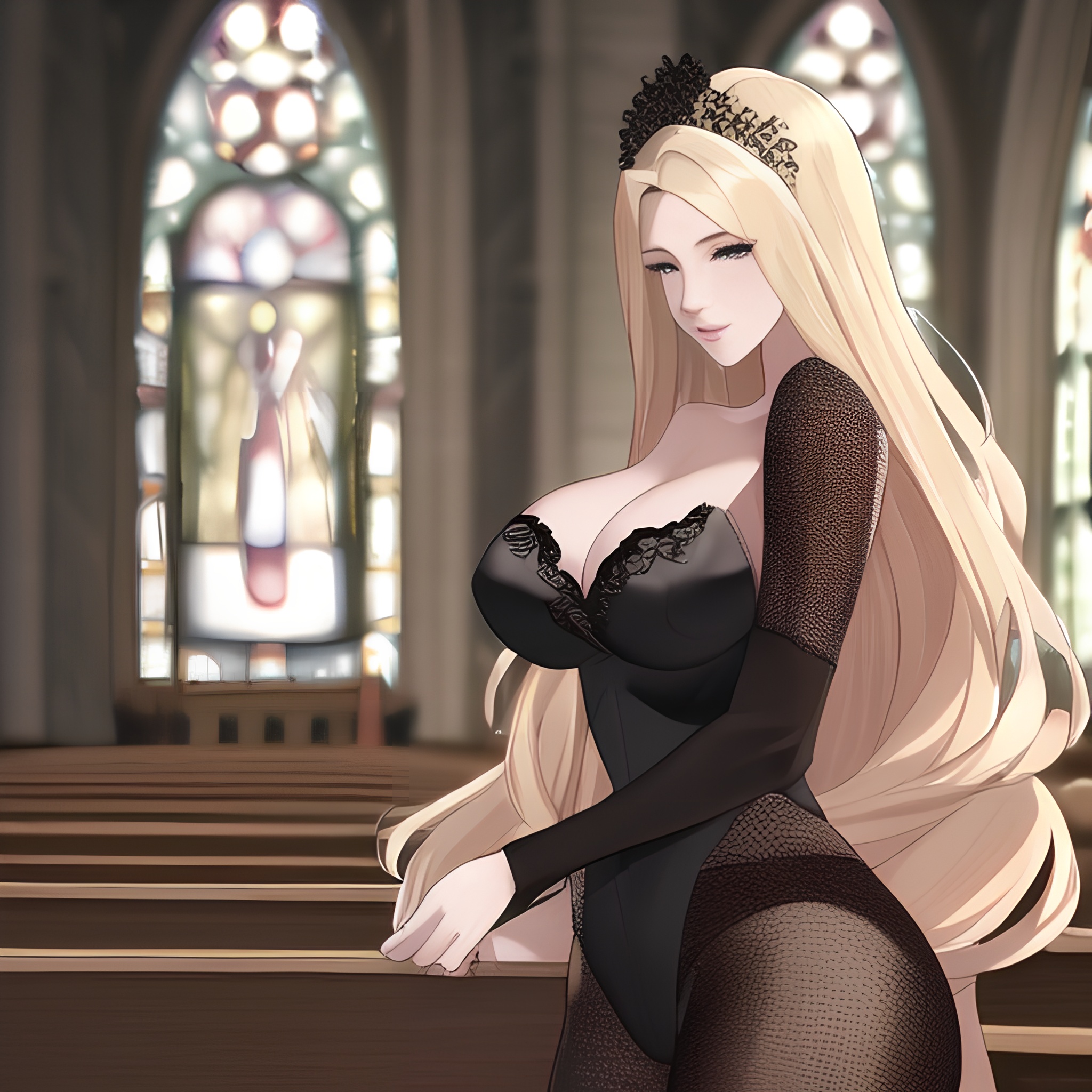 small boobs blonde nude front view fishnet woman church long hair 