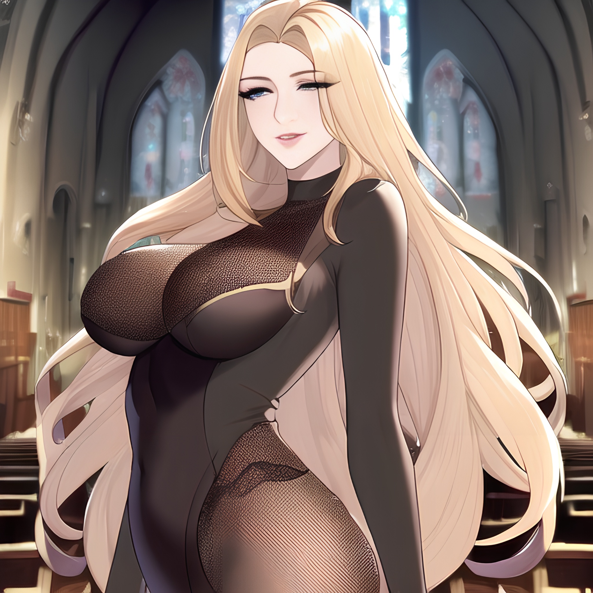 small boobs blonde nude woman front view church long hair fishnet 