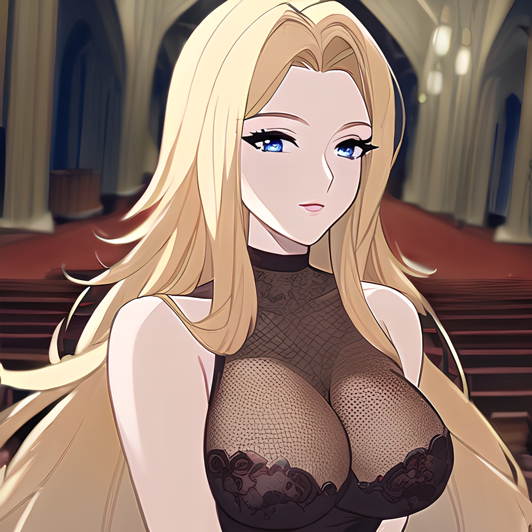 small boobs blonde woman church long hair nude fishnet front view 