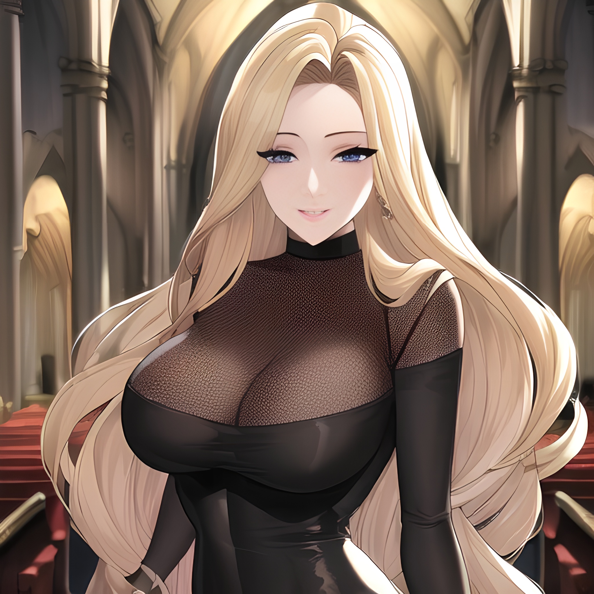 small boobs church blonde long hair woman nude front view fishnet 