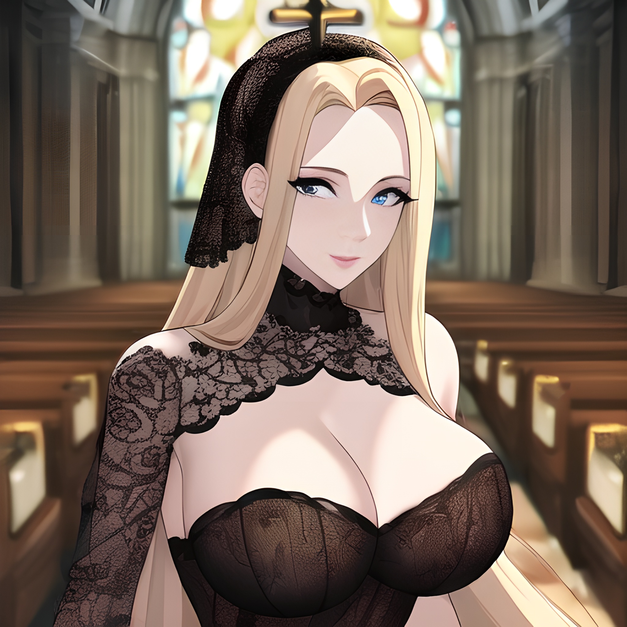 small boobs church fishnet front view blonde long hair woman nude 