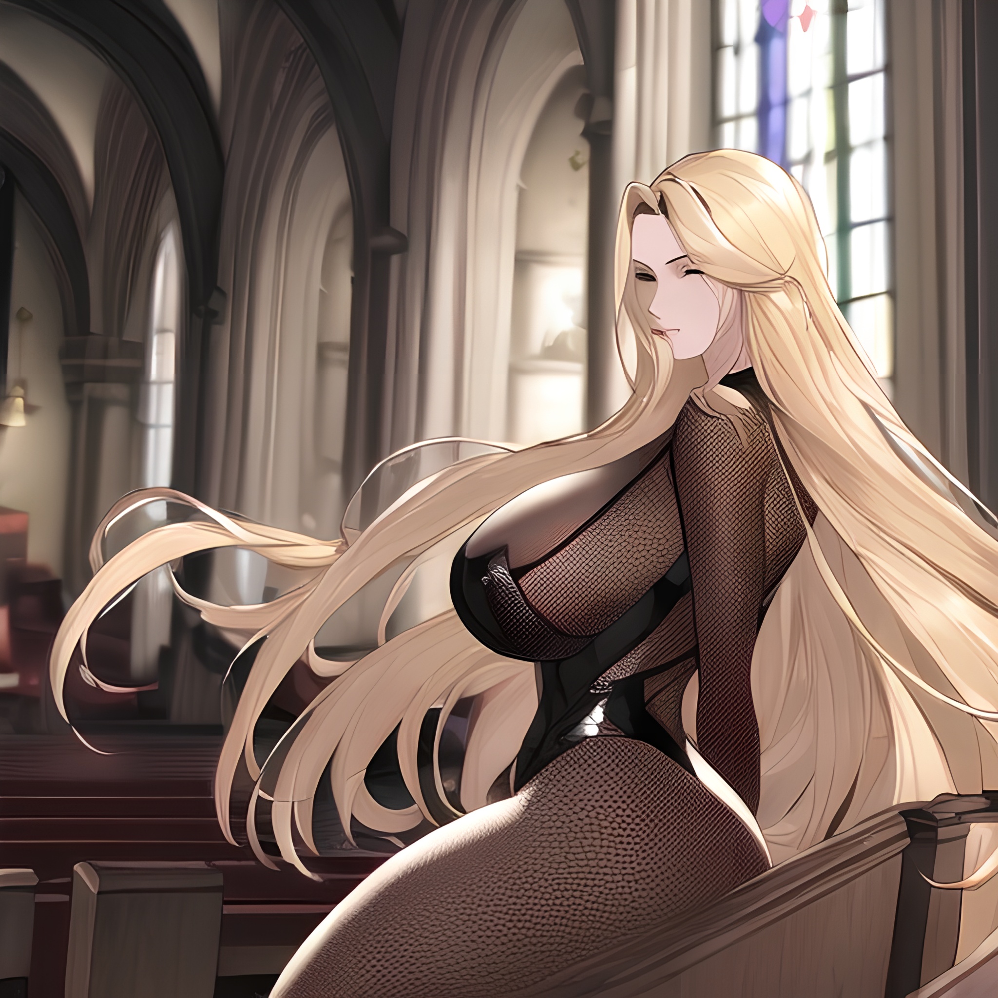small boobs church fishnet front view nude woman long hair blonde 