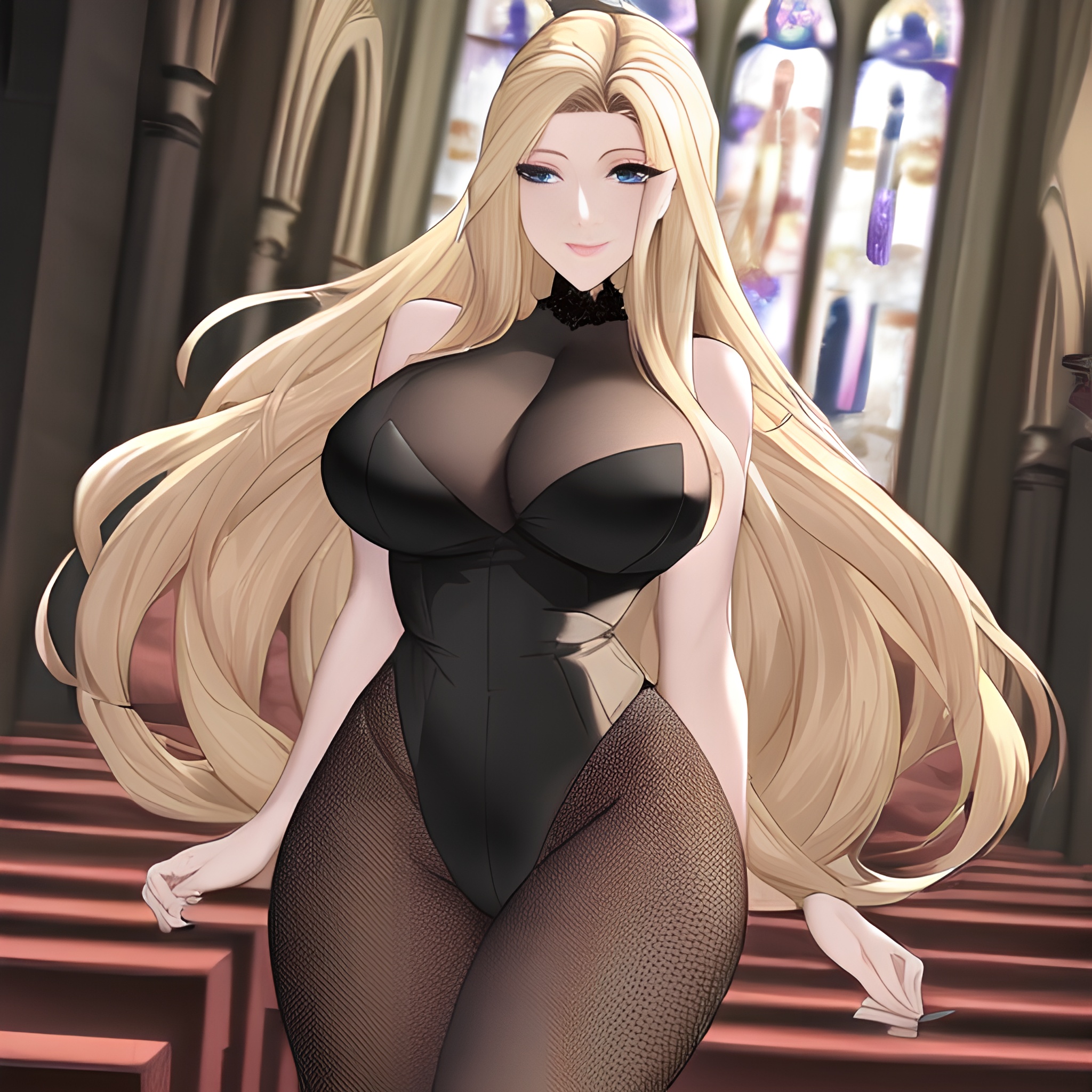 small boobs church fishnet nude long hair blonde woman front view 