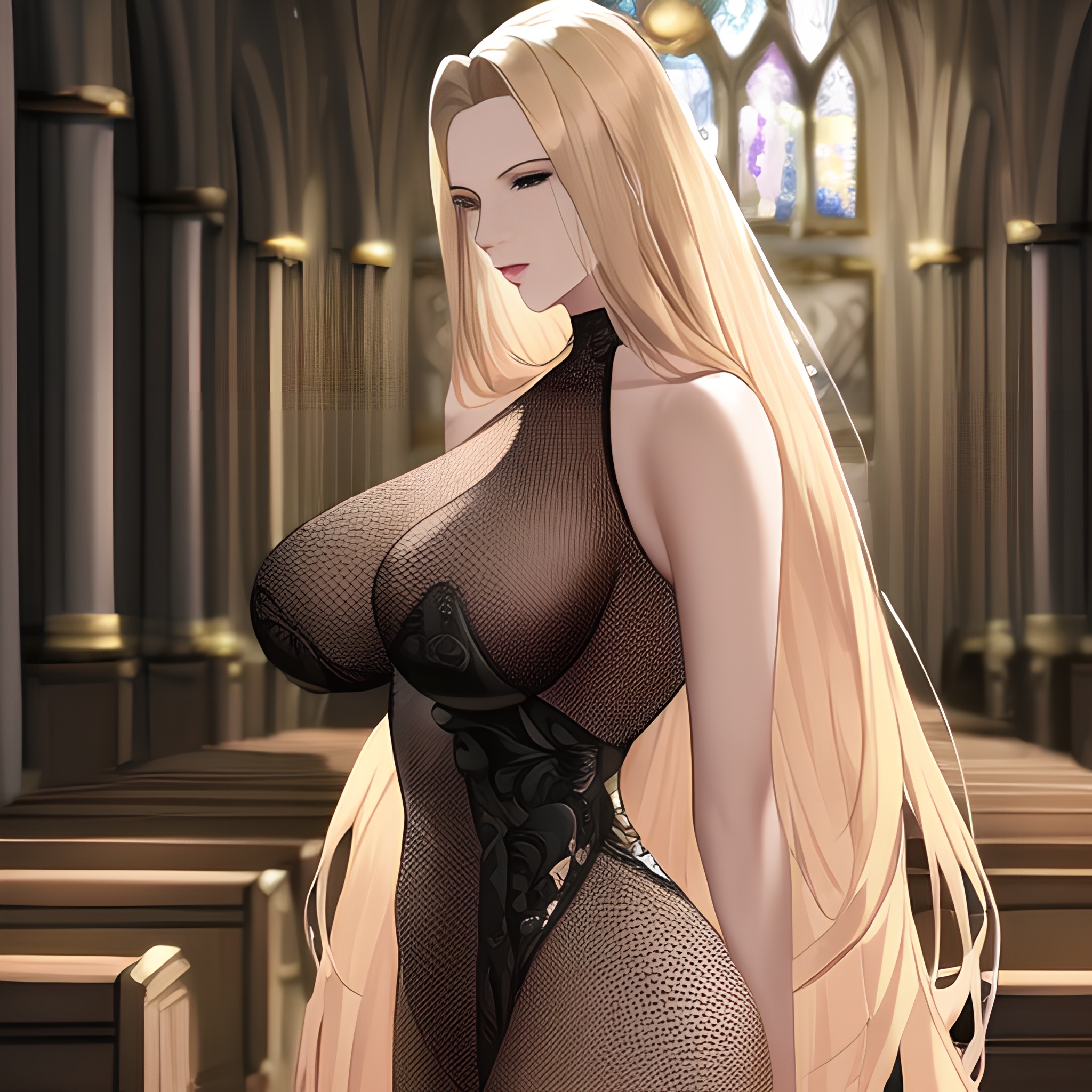 small boobs church woman nude front view long hair fishnet blonde 