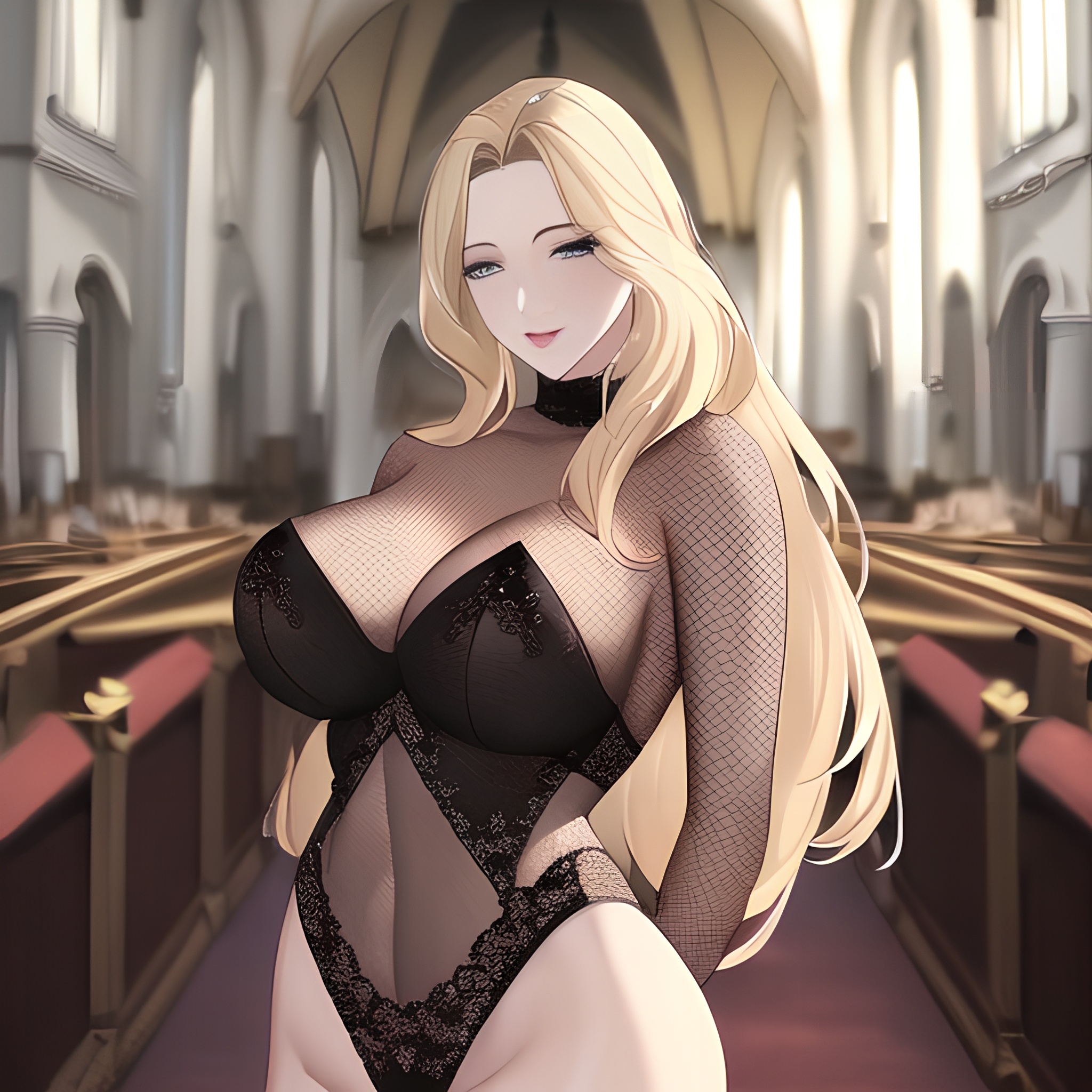 small boobs fishnet blonde front view church nude woman long hair 