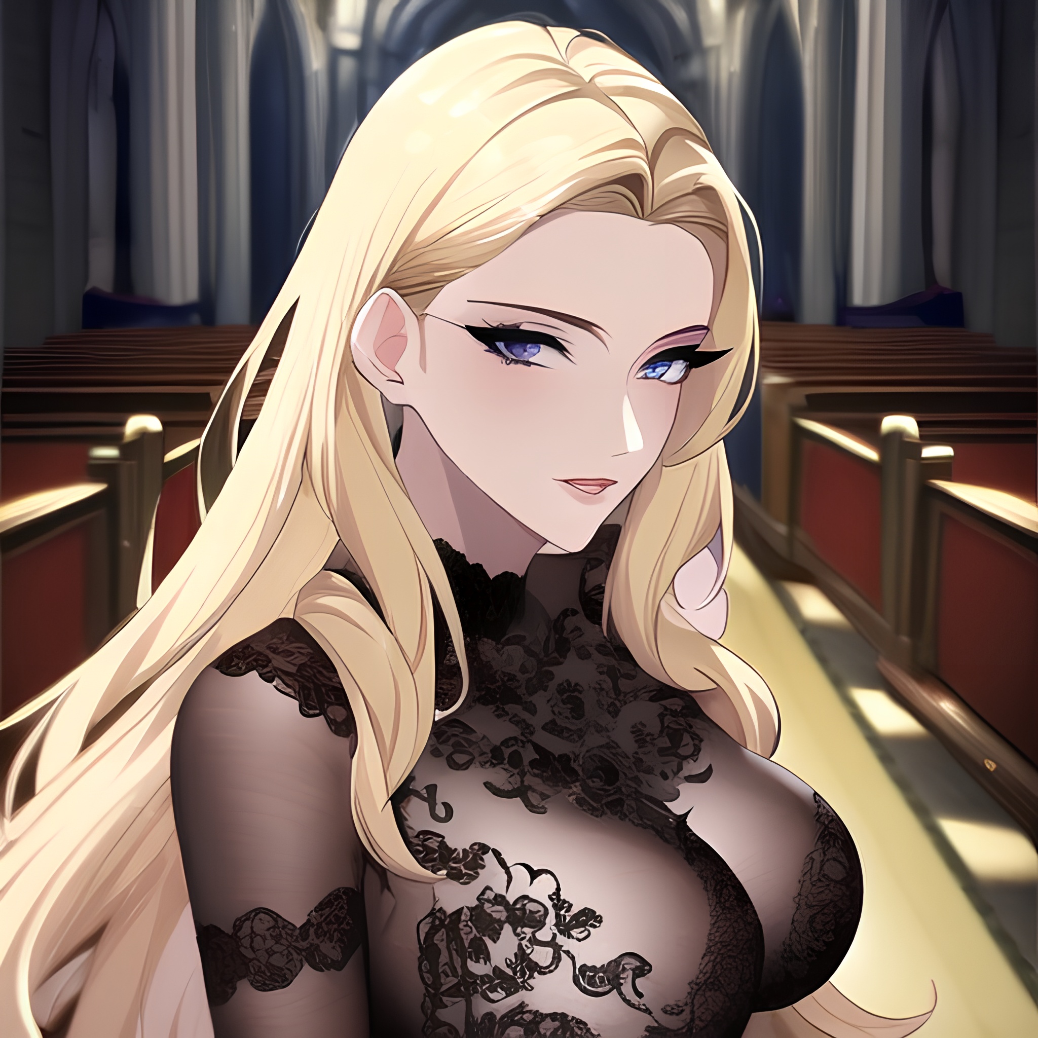 small boobs fishnet blonde front view woman church long hair nude