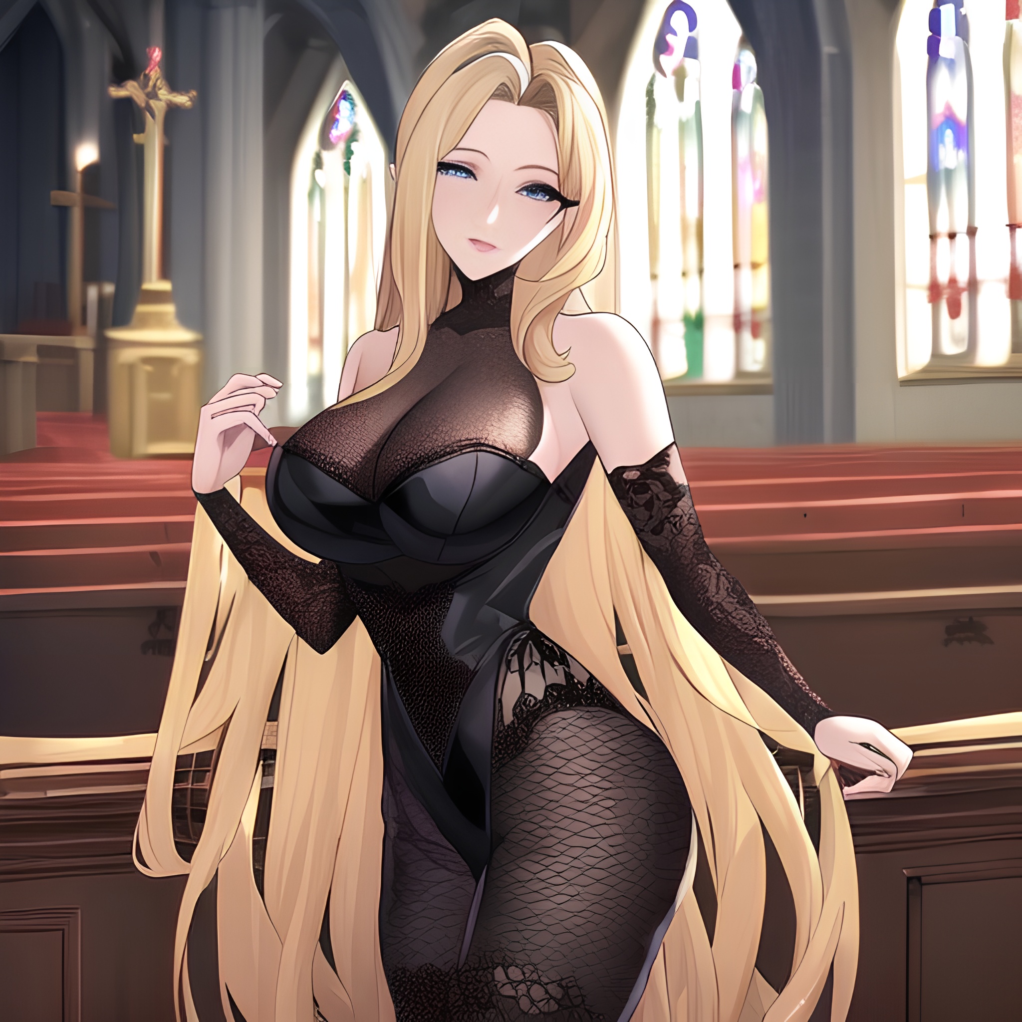 small boobs fishnet blonde front view woman church nude long hair 