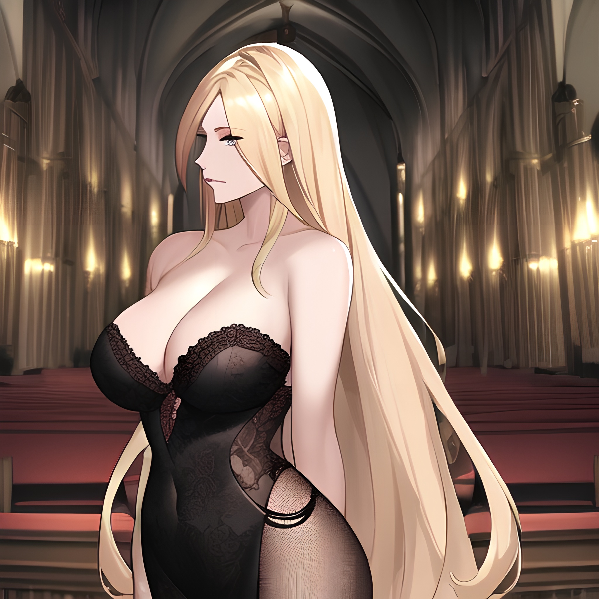 small boobs fishnet church long hair blonde nude front view woman 