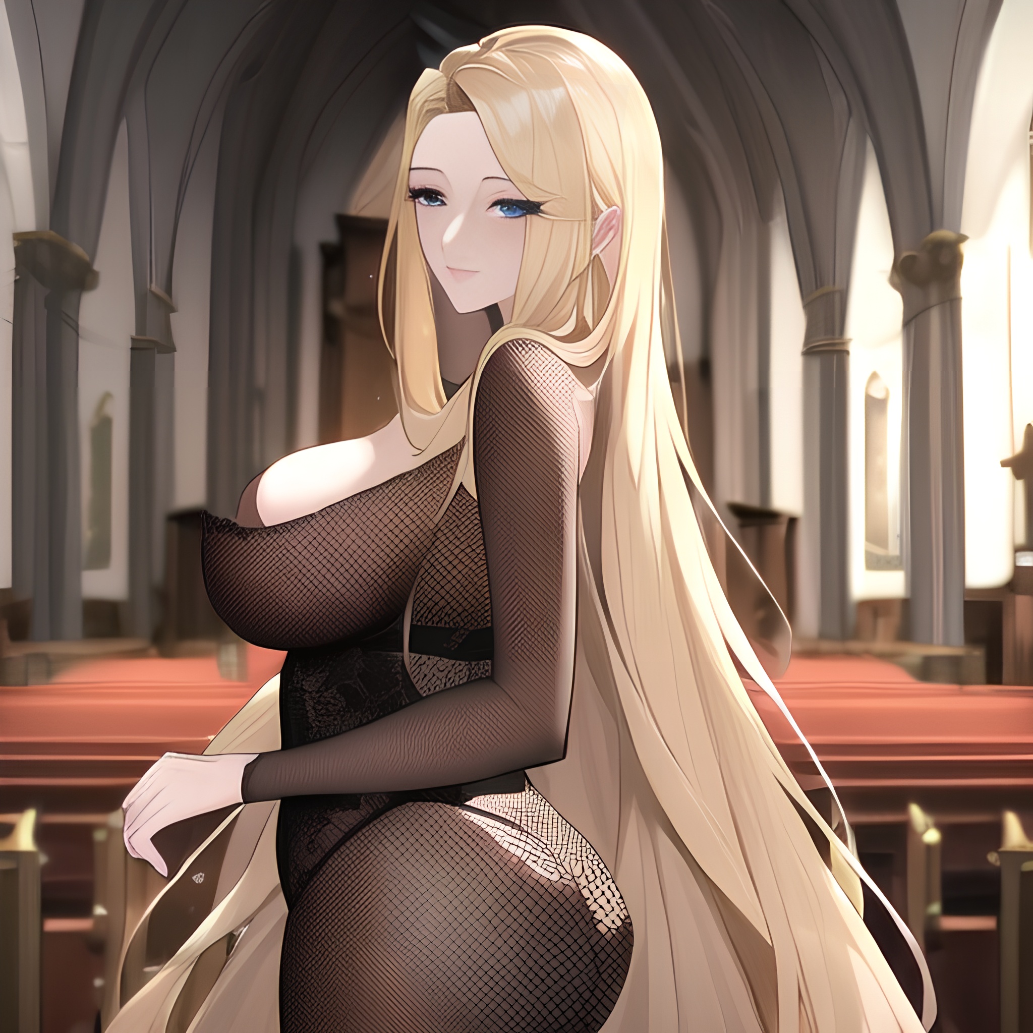 small boobs fishnet long hair church blonde woman nude front view 