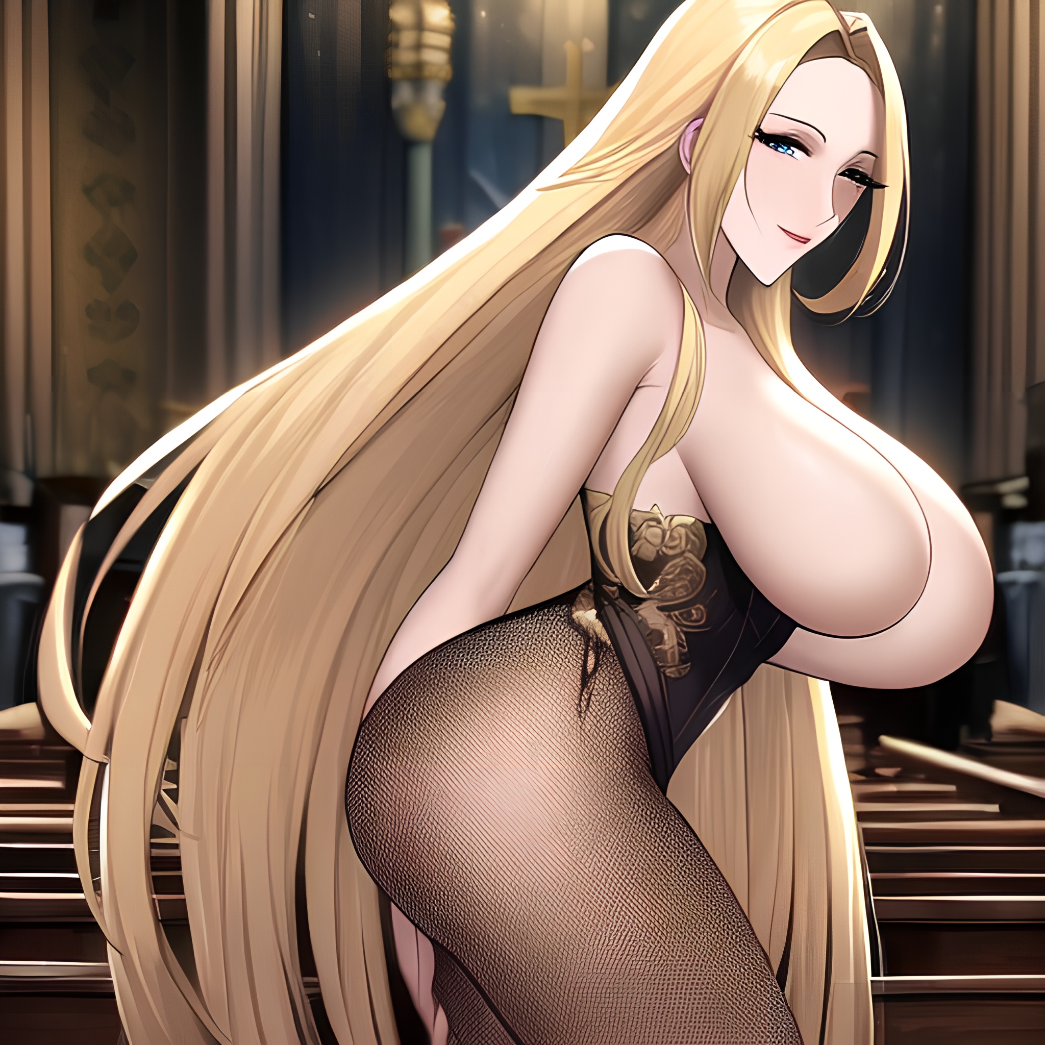 small boobs fishnet long hair nude front view blonde church woman