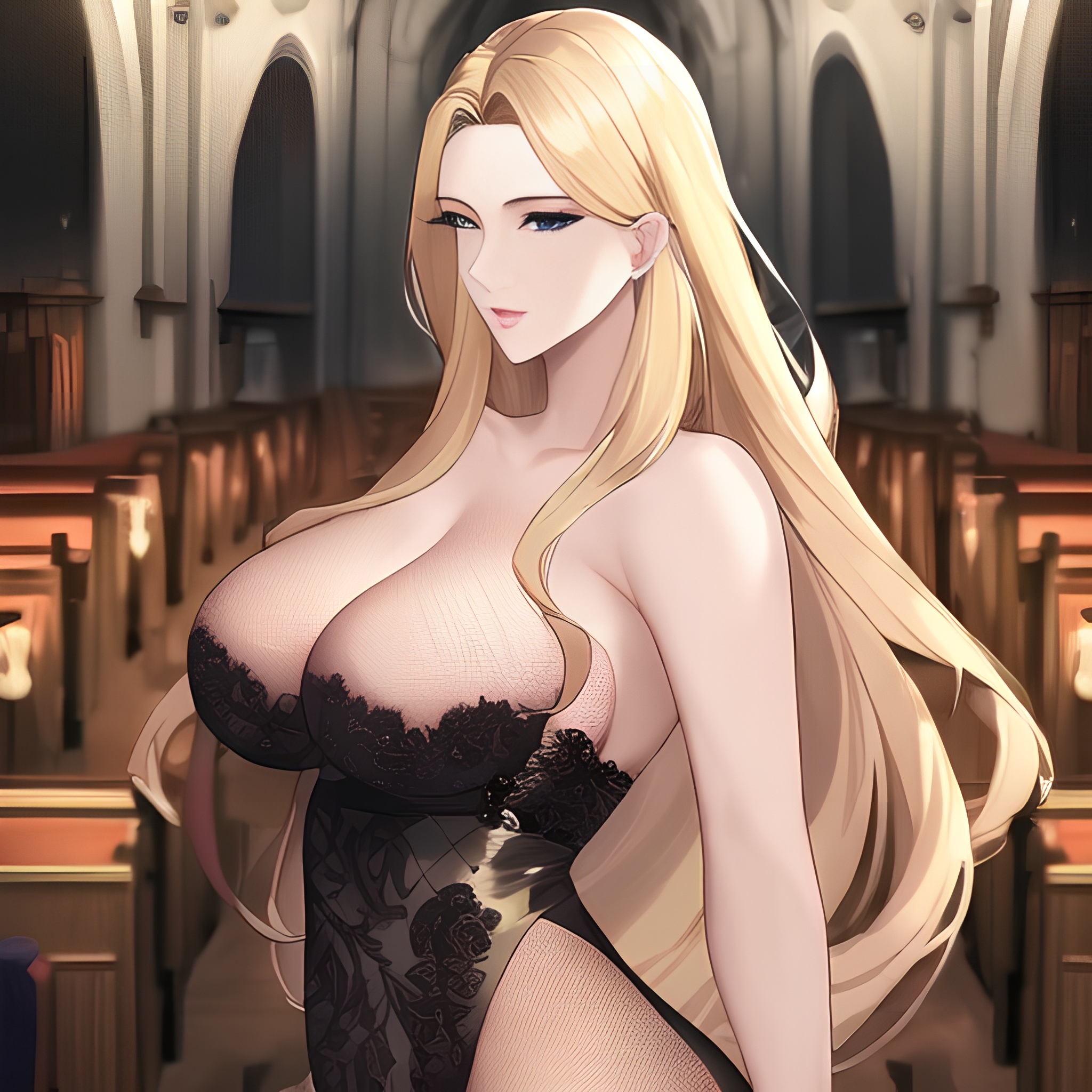 small boobs fishnet long hair nude woman blonde church front view