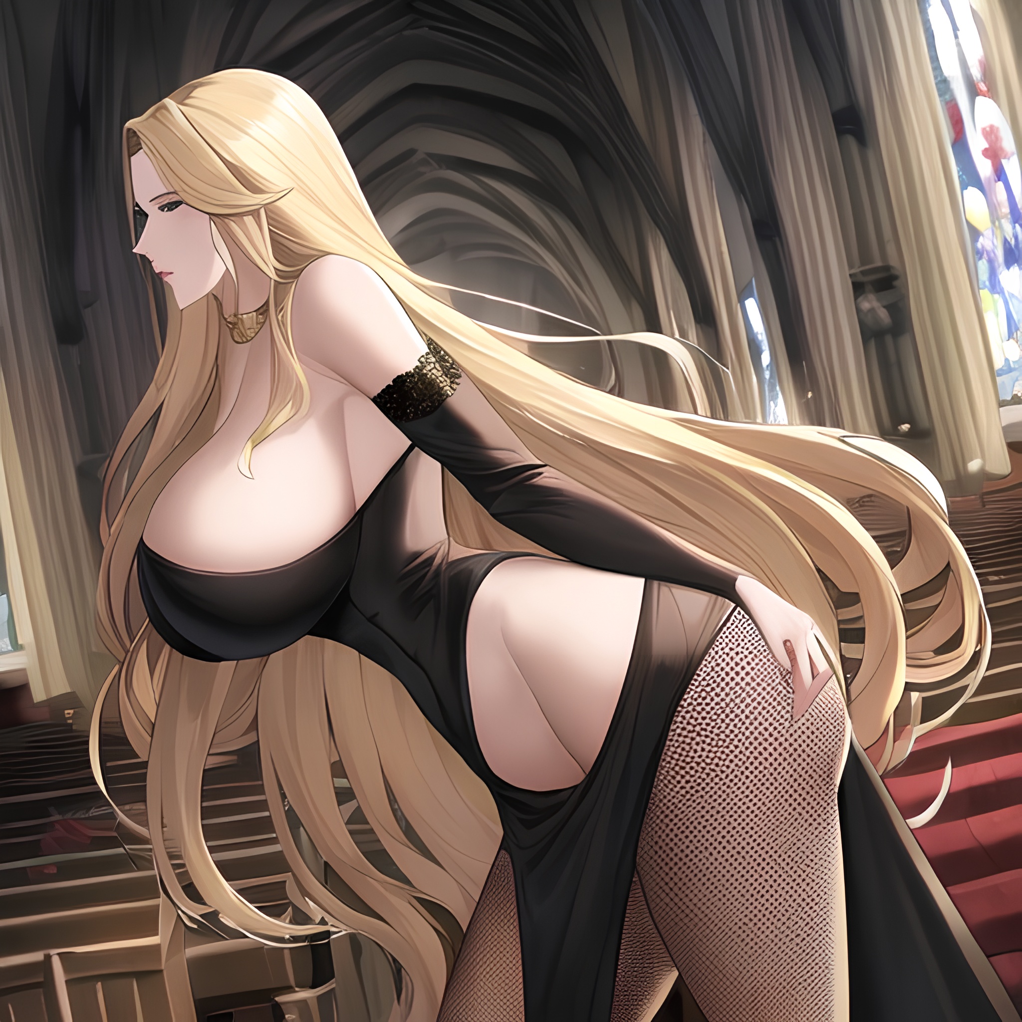 small boobs fishnet nude church long hair front view blonde woman 