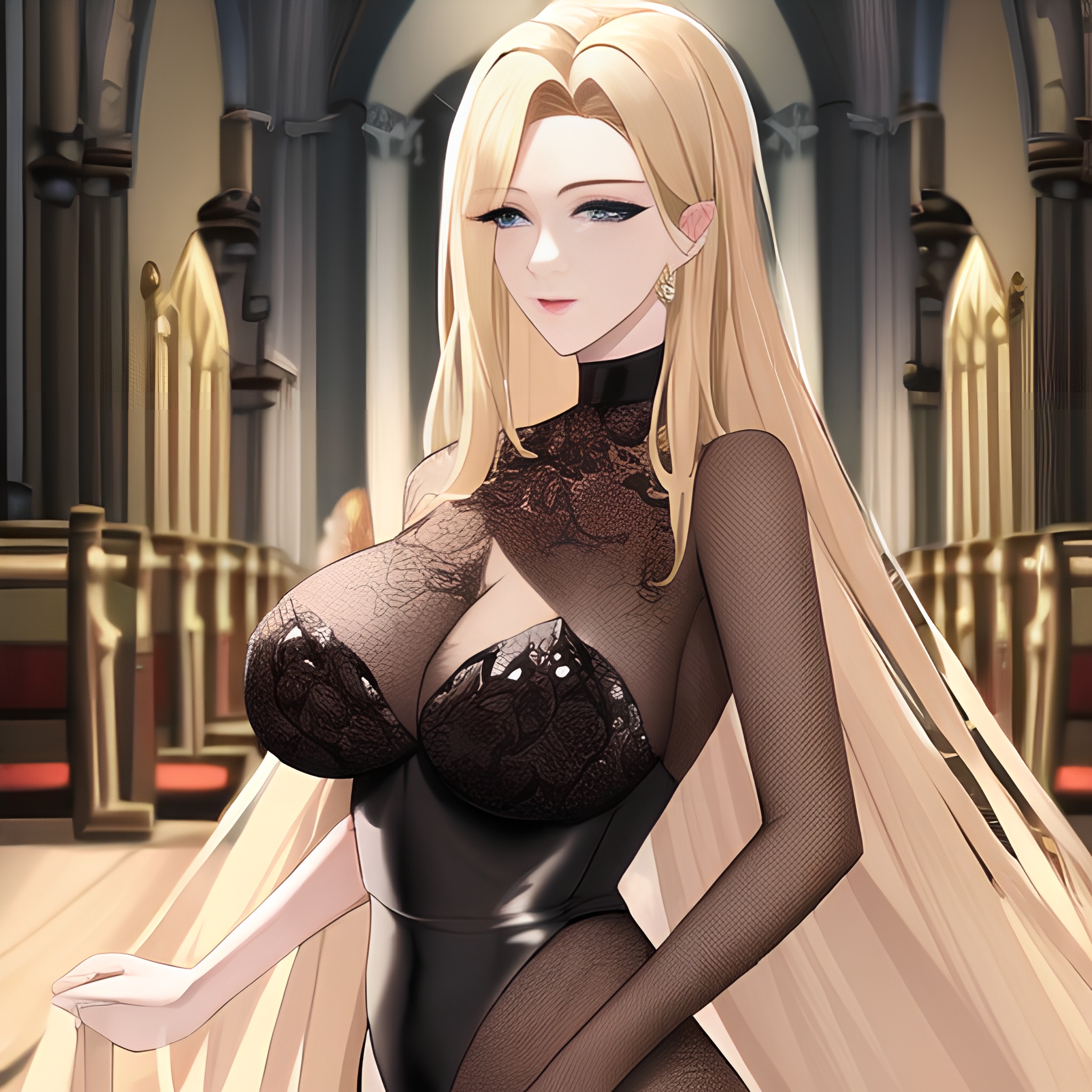 small boobs fishnet nude front view woman church long hair blonde 