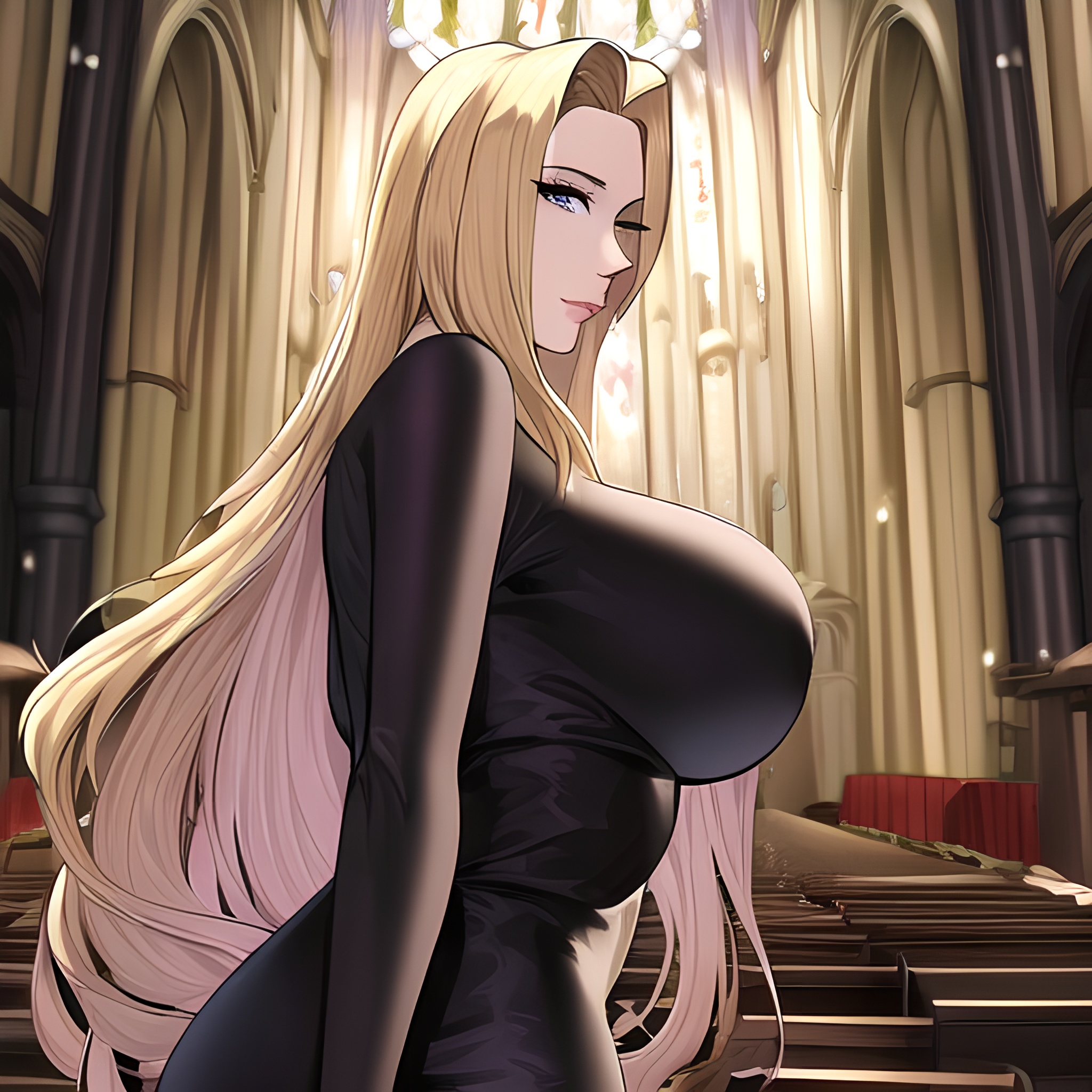 small boobs fishnet nude woman long hair front view church blonde 