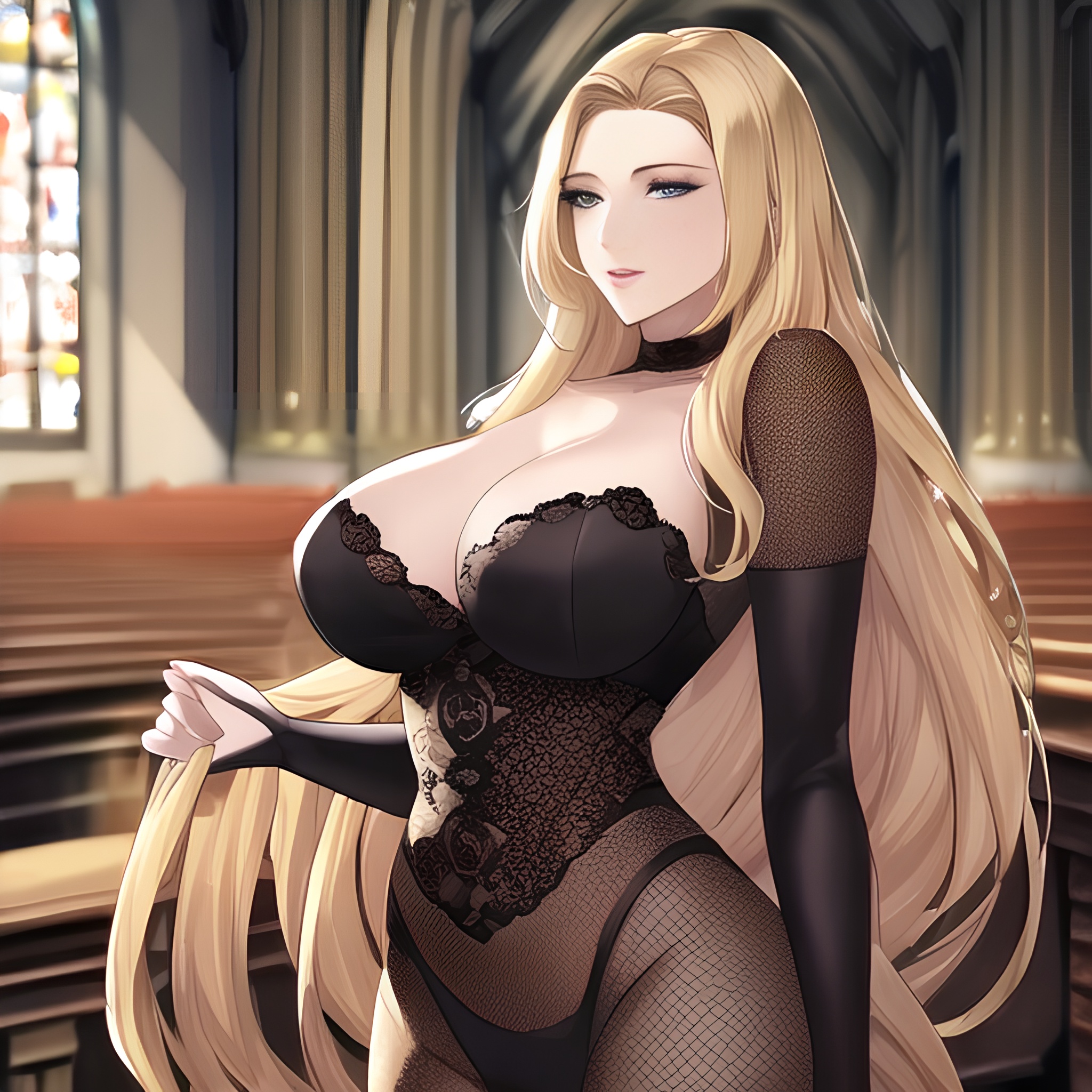 small boobs fishnet woman nude church blonde long hair front view 